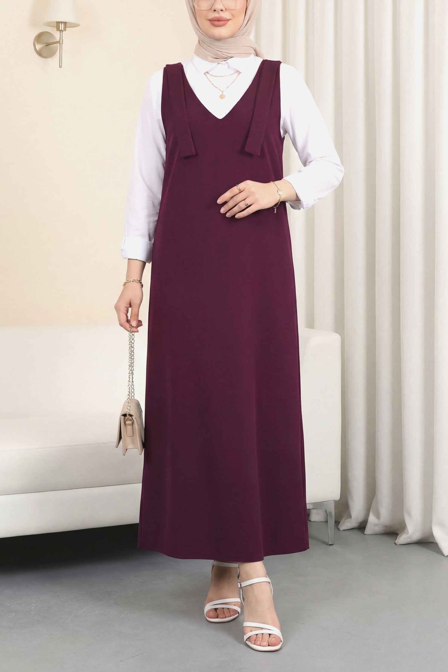 Omuzları Bağlamalı Uzun Jile       -Bordo