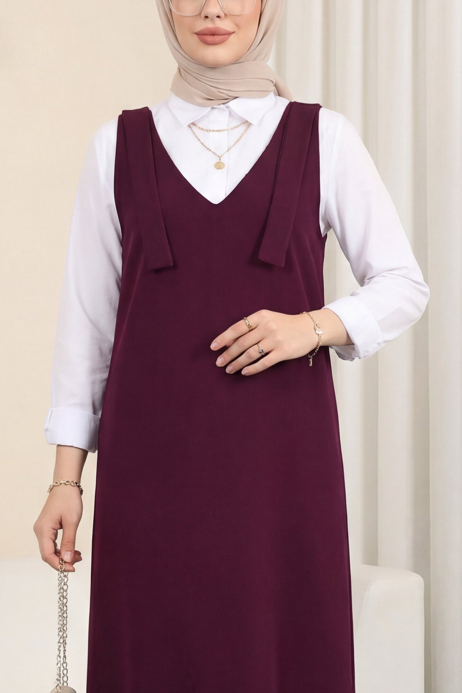 Omuzları Bağlamalı Uzun Jile       -Bordo