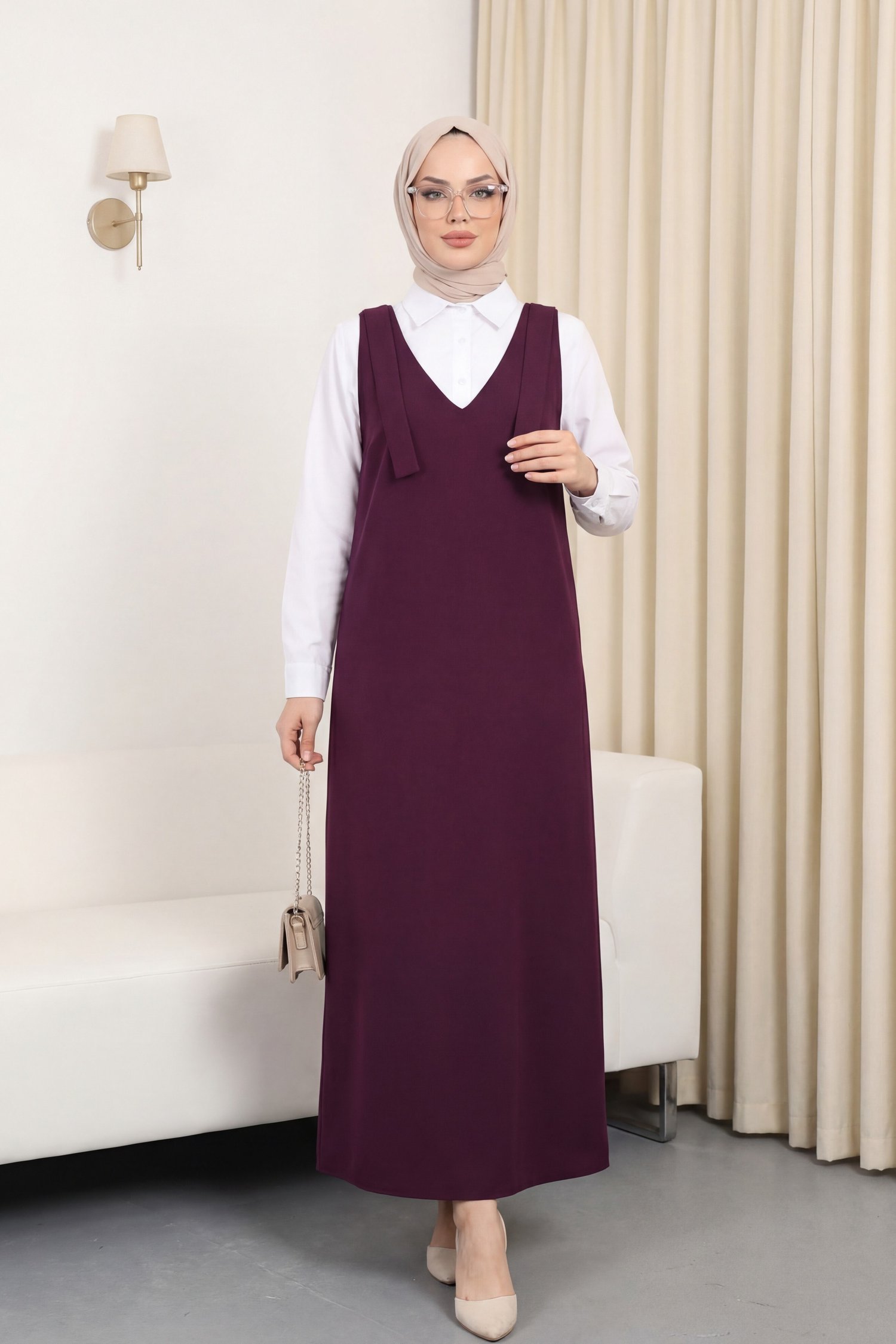 Omuzları Bağlamalı Uzun Jile       -Bordo