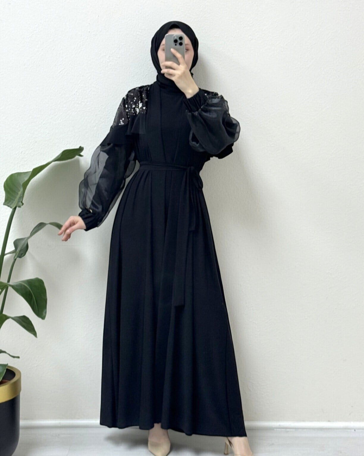 Omuzları Pul Payet Kolu Tül İkili Abaya -Siyah