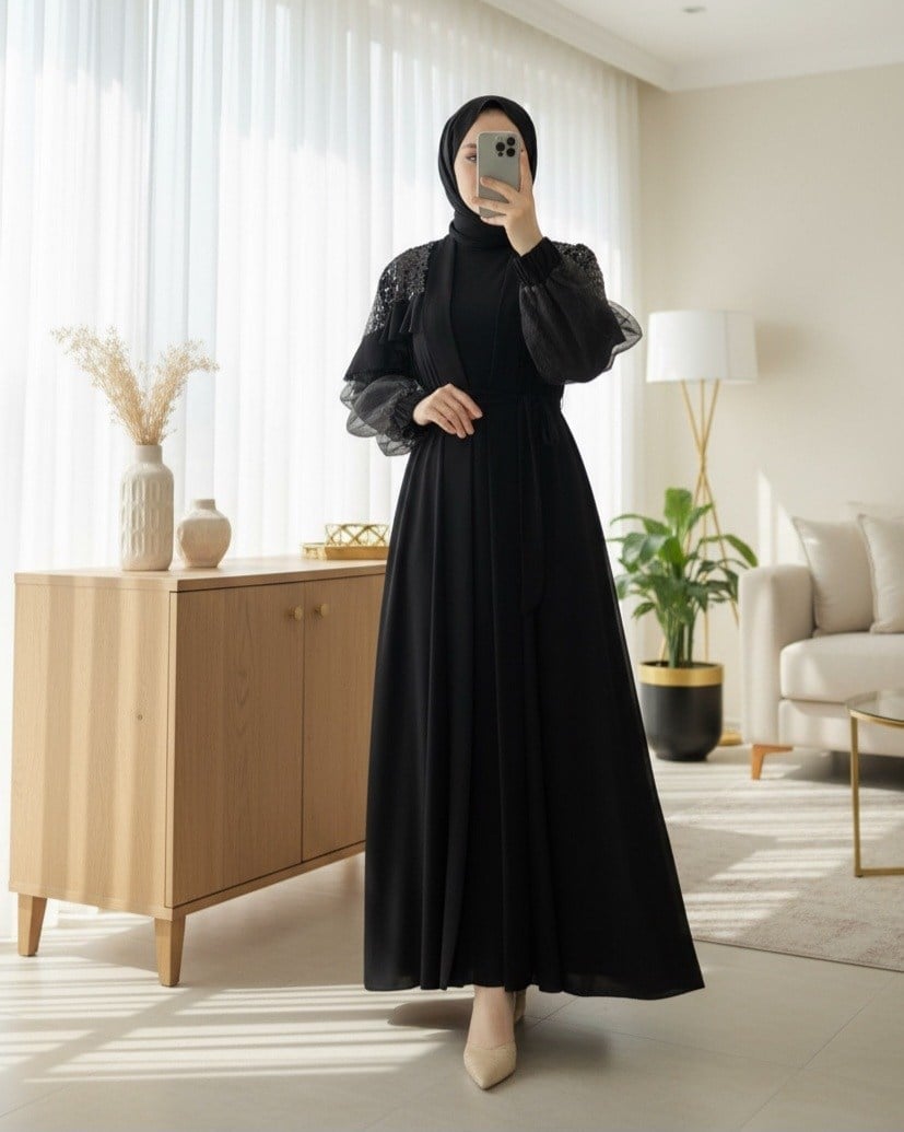 Omuzları Pul Payet Kolu Tül İkili Abaya -Siyah