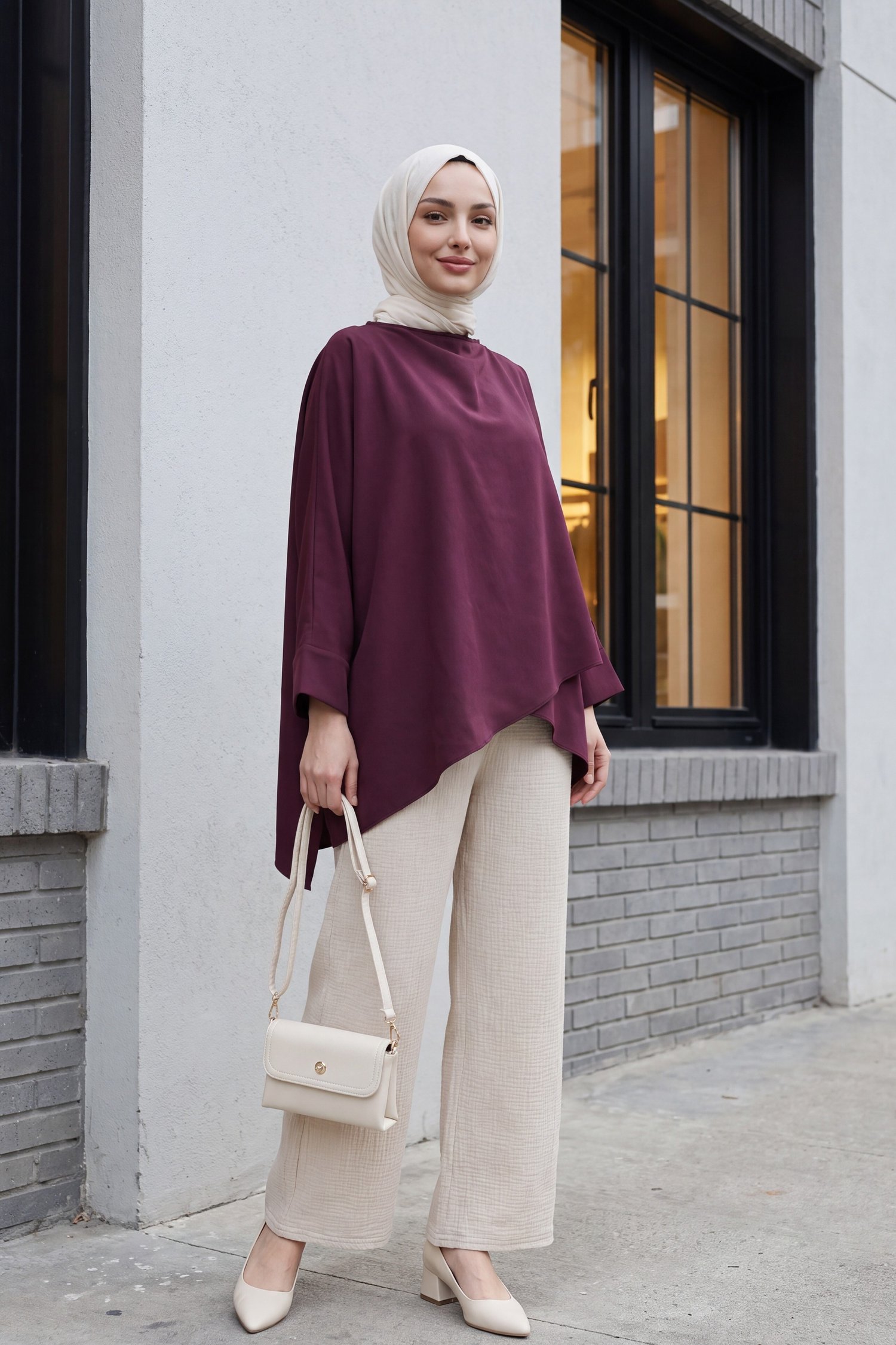 Omuzu Düğmeli Yarasa Kol Modal Kimono Panço -Mürdüm