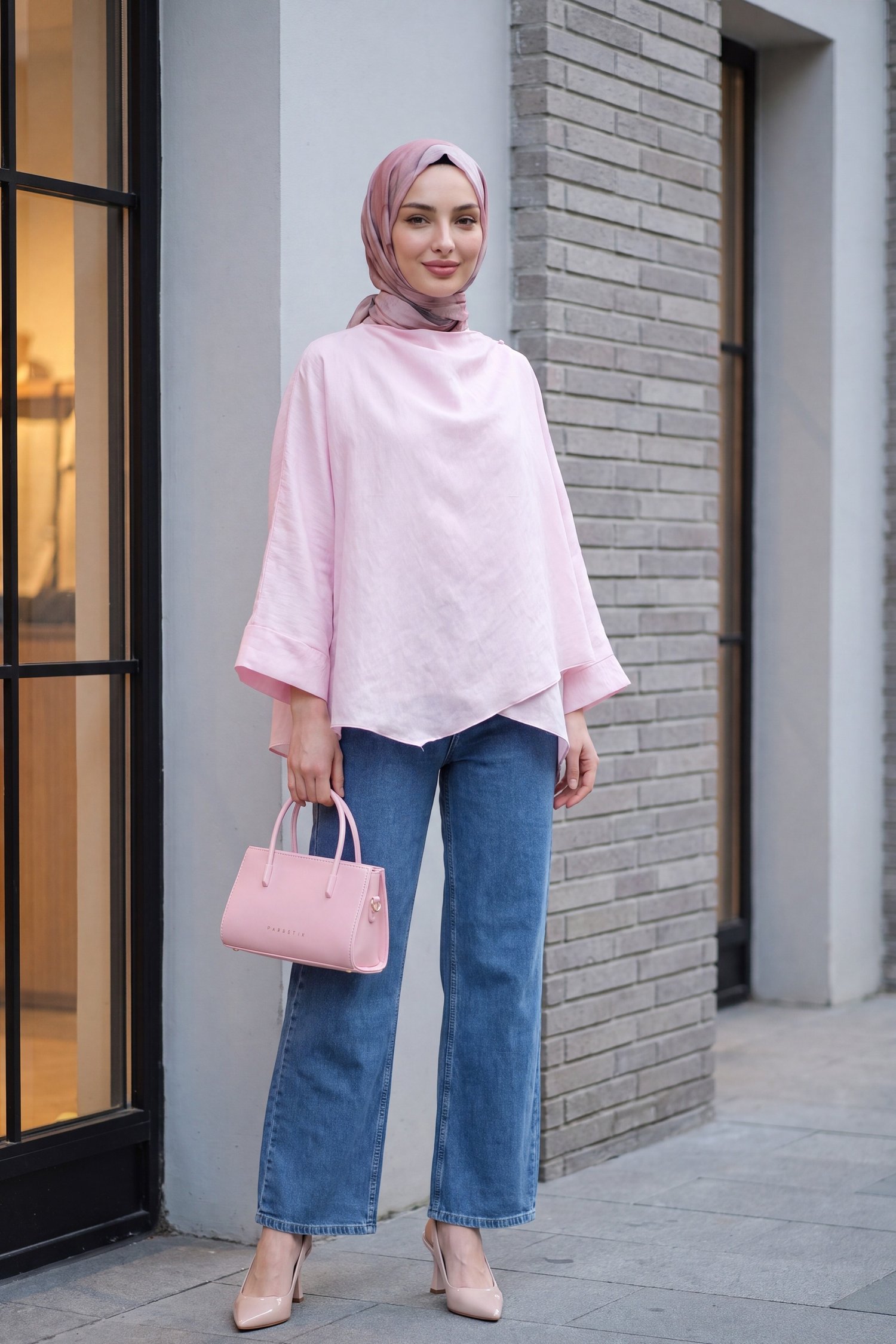 Omuzu Düğmeli Yarasa Kol Modal Kimono Panço -Pudra