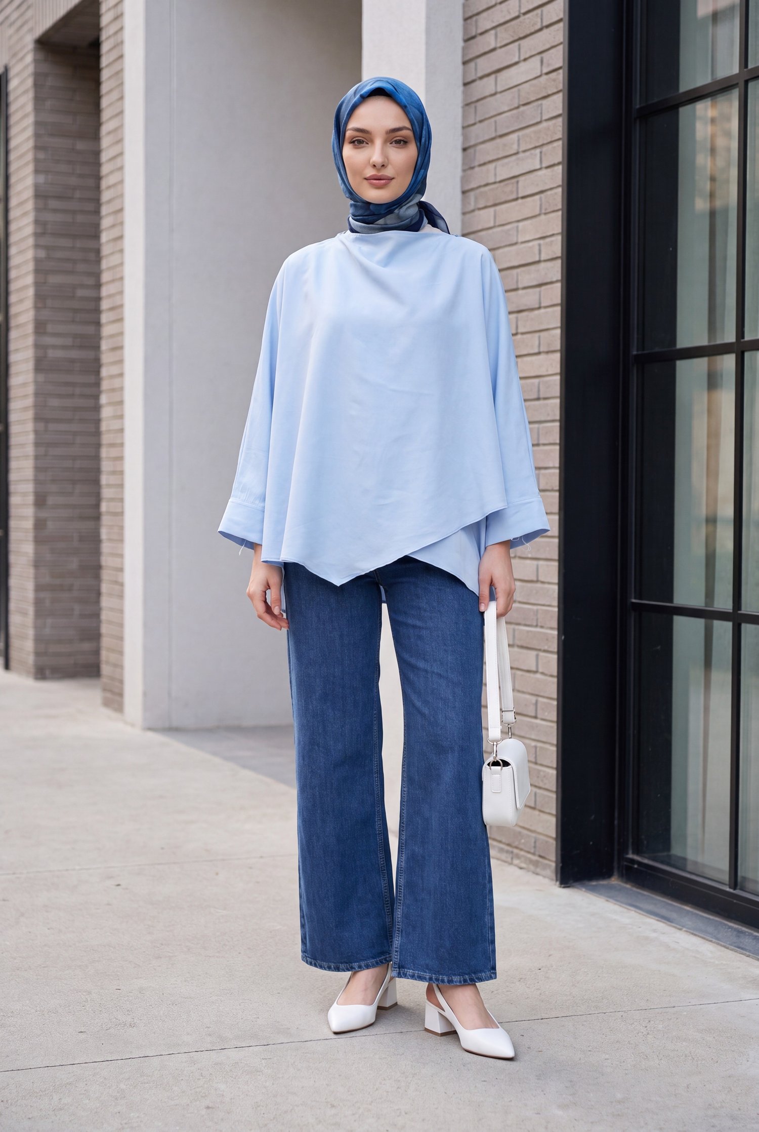 Omuzu Düğmeli Yarasa Kol Modal Kimono Panço -Bebe Mavi