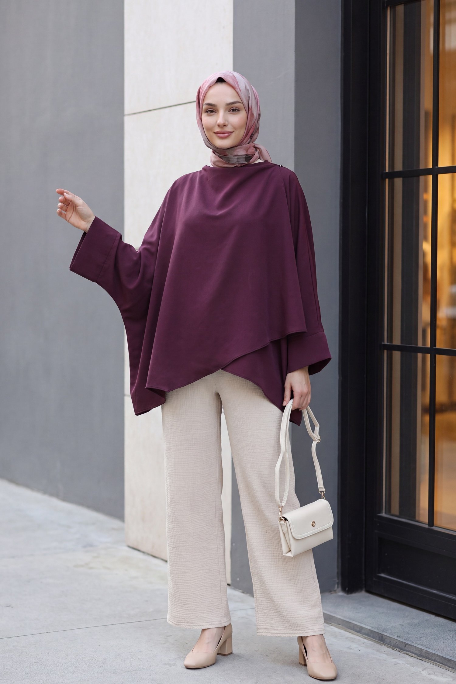 Omuzu Düğmeli Yarasa Kol Modal Kimono Panço -Mürdüm