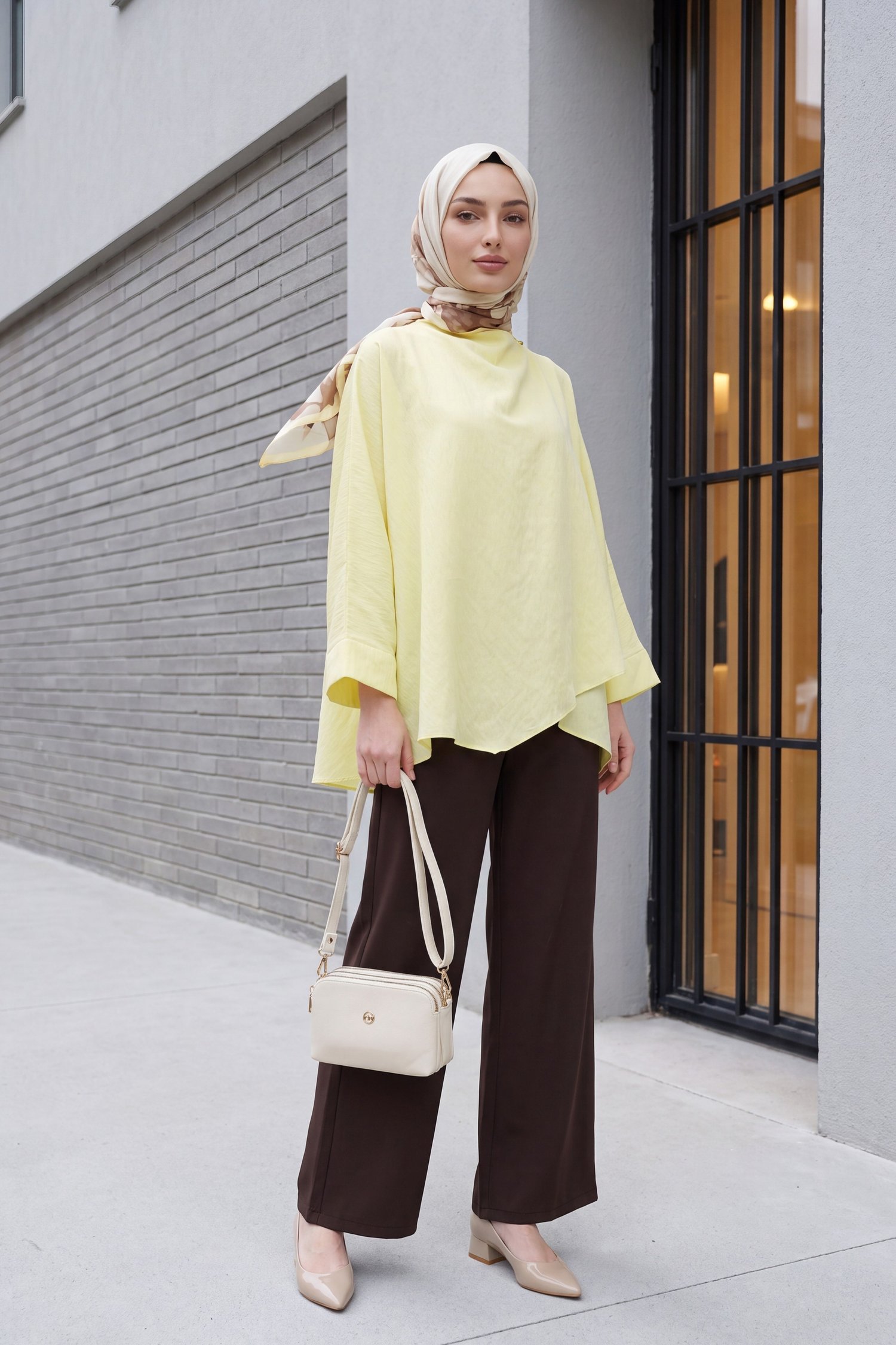Omuzu Düğmeli Yarasa Kol Modal Kimono Panço -Sarı