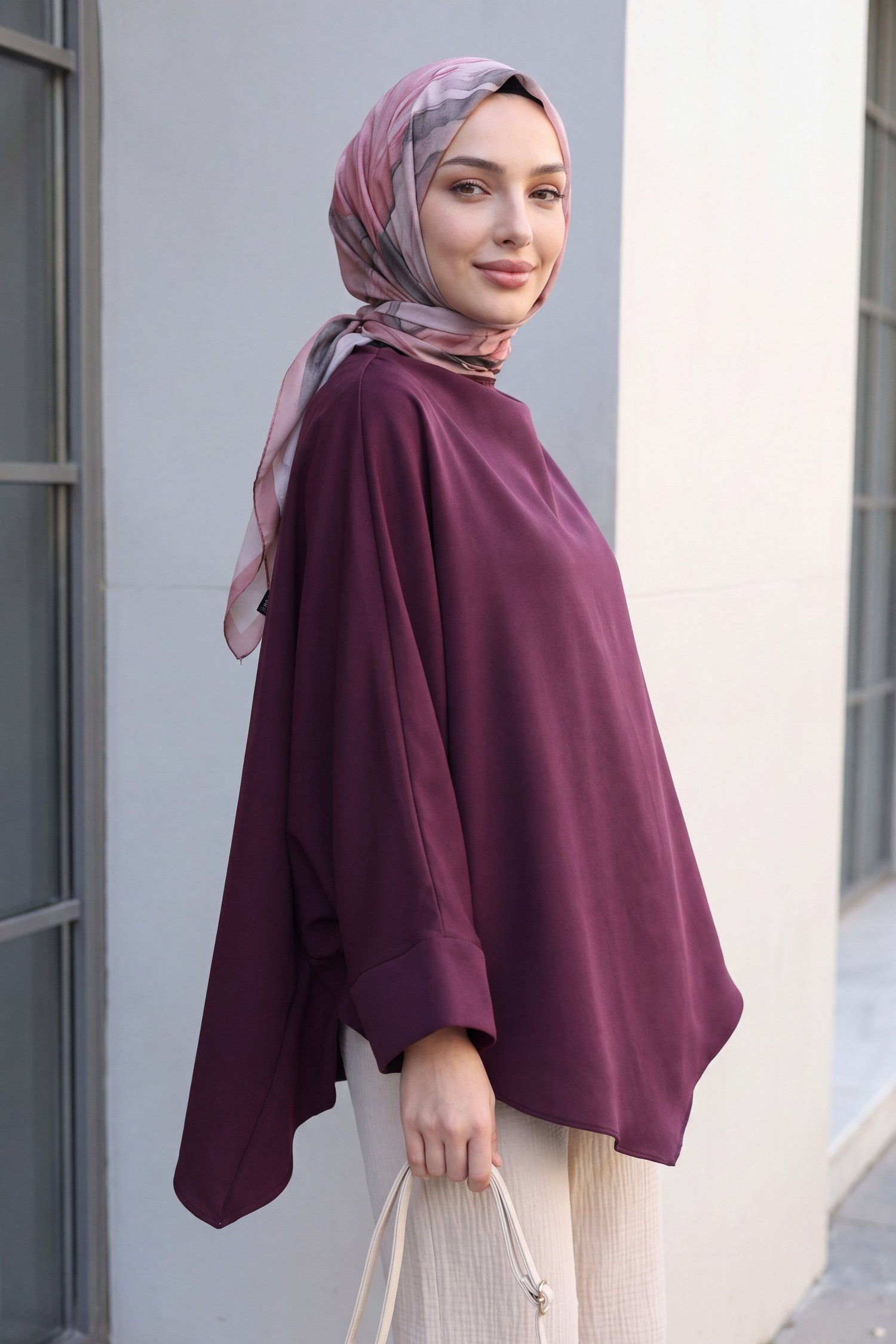Omuzu Düğmeli Yarasa Kol Modal Kimono Panço -Mürdüm