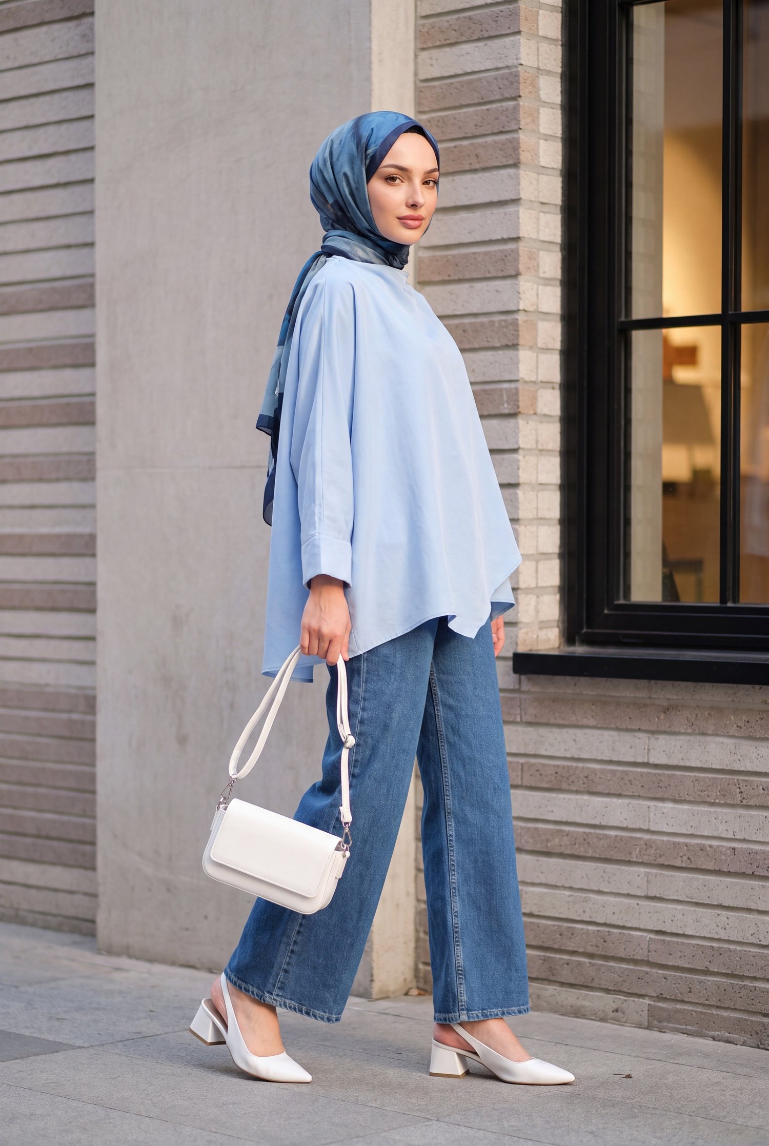 Omuzu Düğmeli Yarasa Kol Modal Kimono Panço -Bebe Mavi