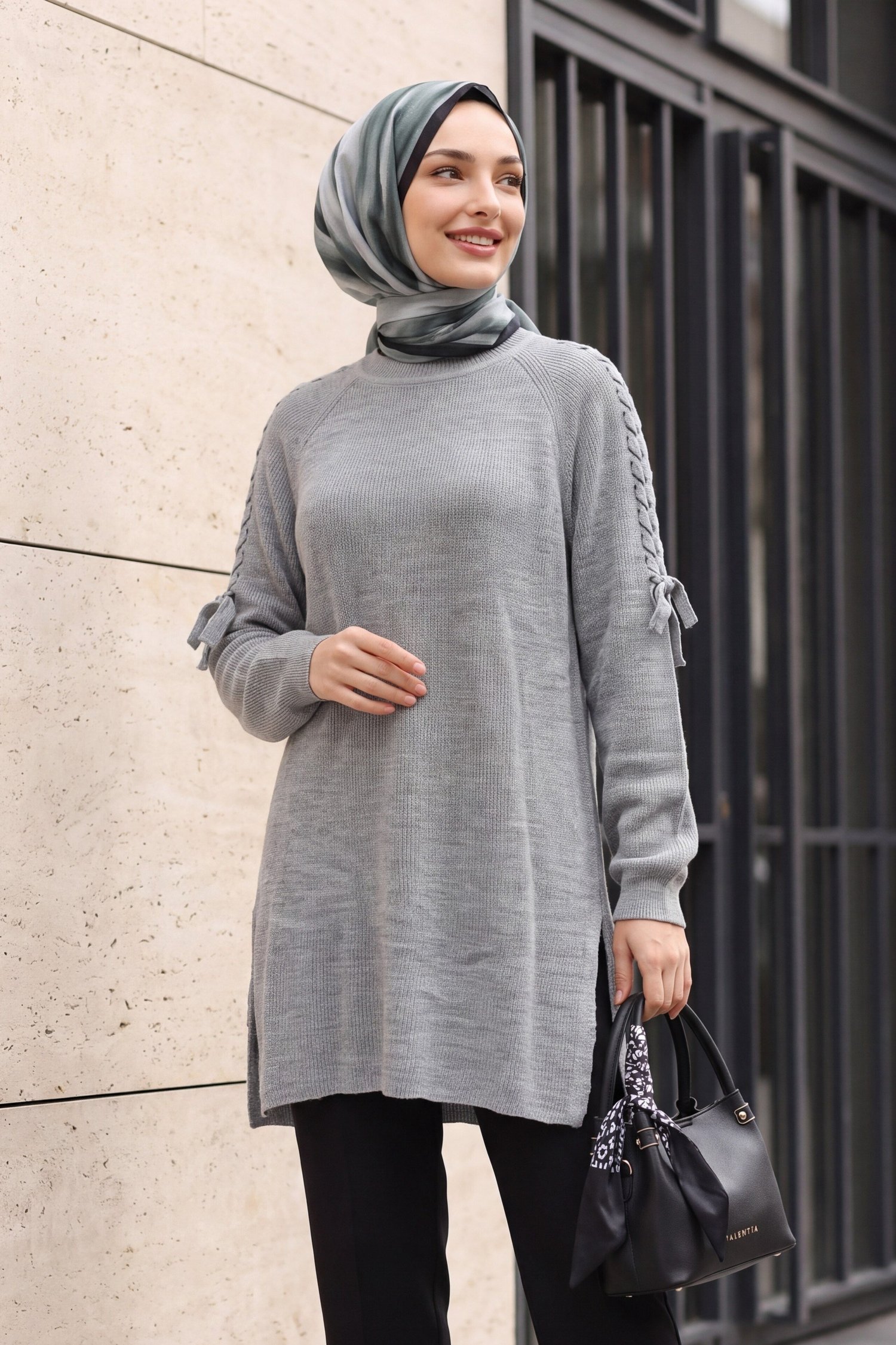 Omuzu Saç Örgülü Salaş Triko Tunik  -Gri