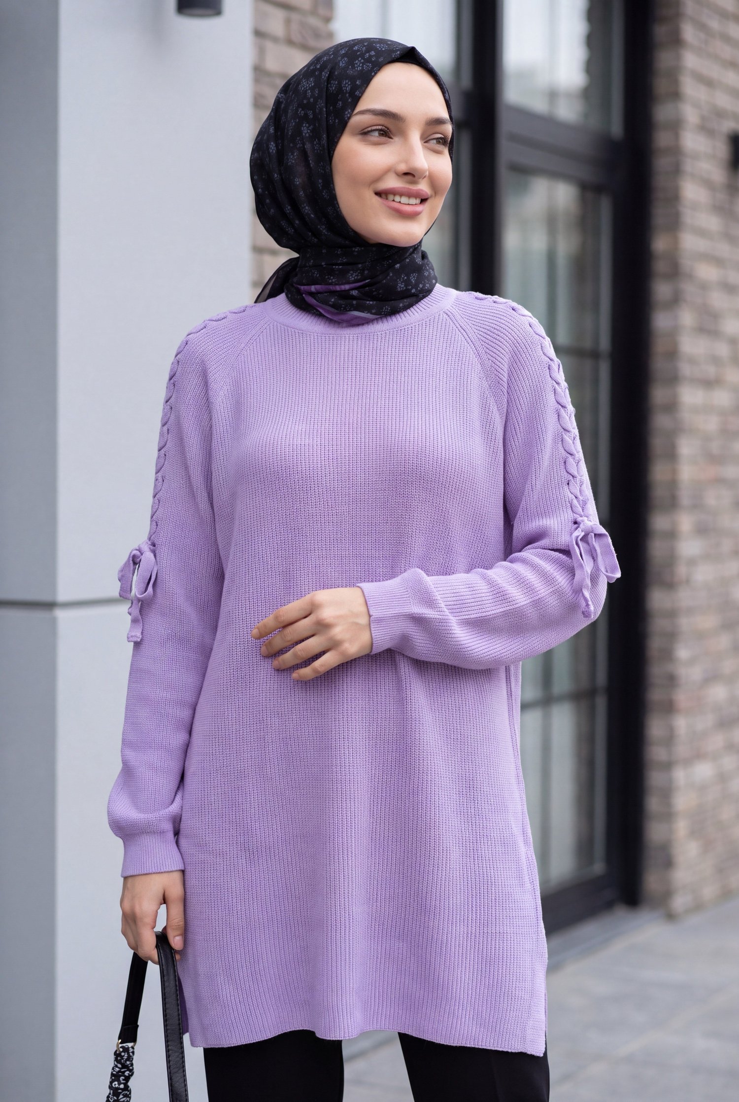 Omuzu Saç Örgülü Salaş Triko Tunik  -Lila