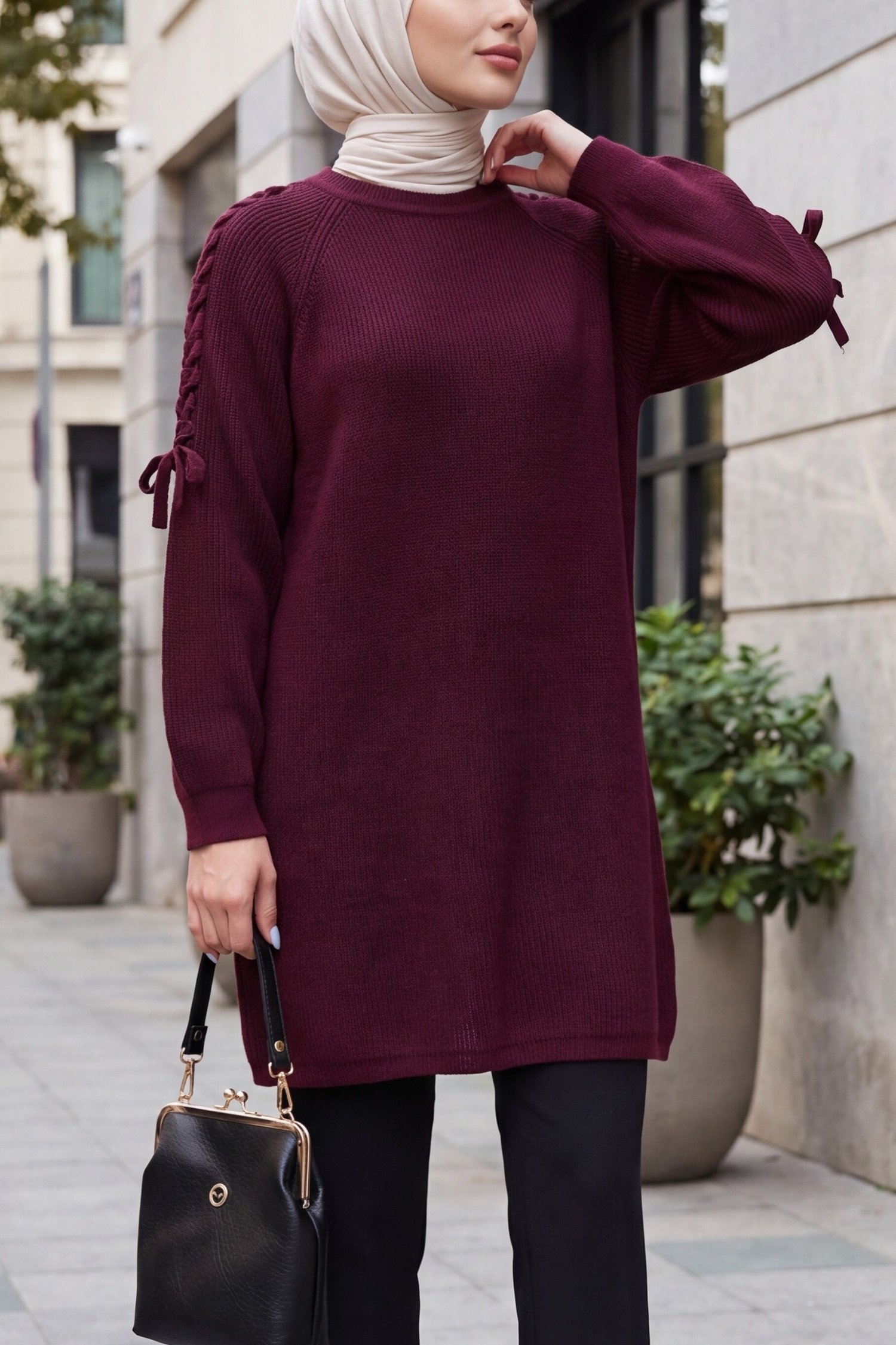 Omuzu Saç Örgülü Salaş Triko Tunik -Bordo