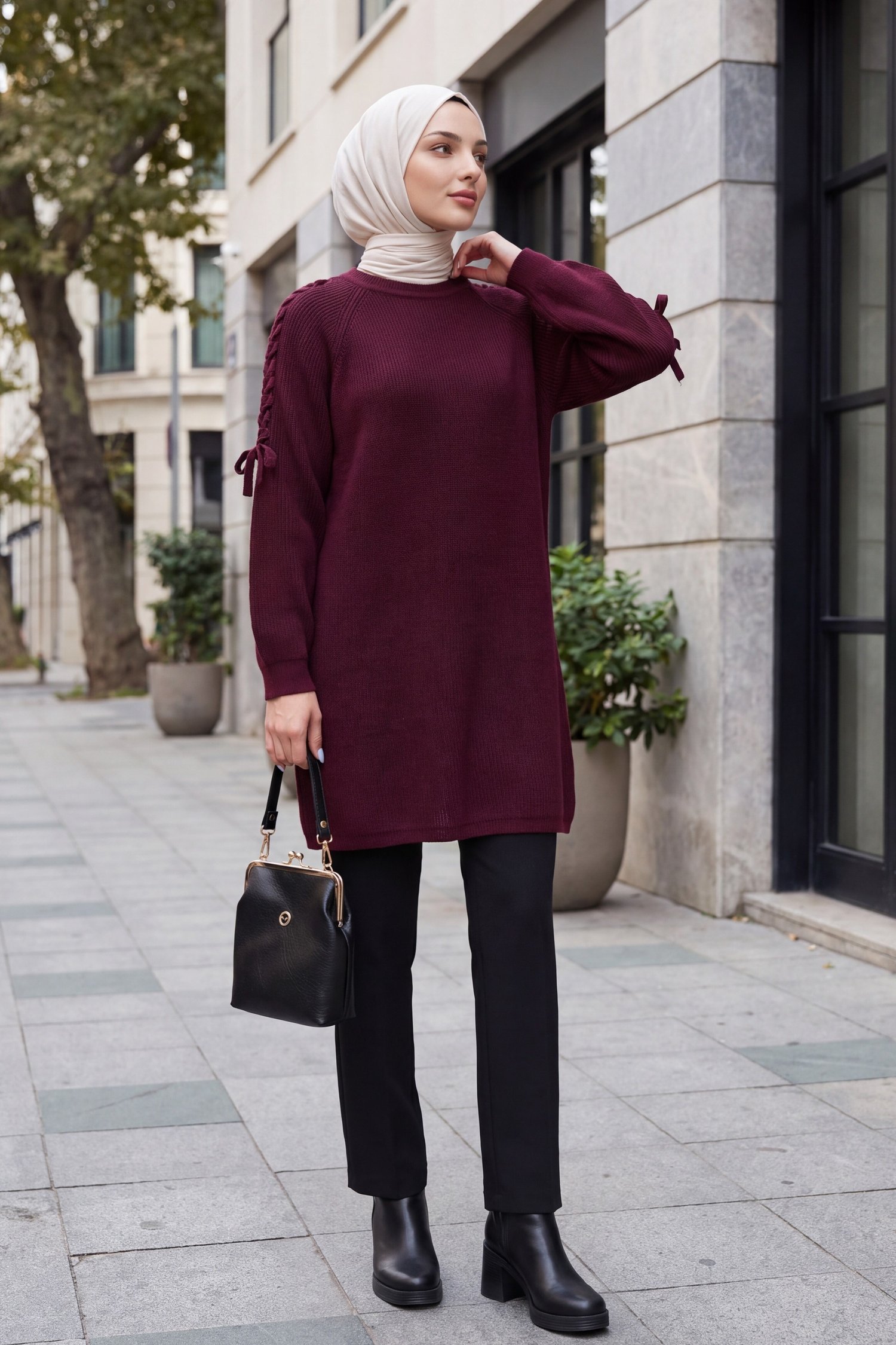 Omuzu Saç Örgülü Salaş Triko Tunik -Bordo
