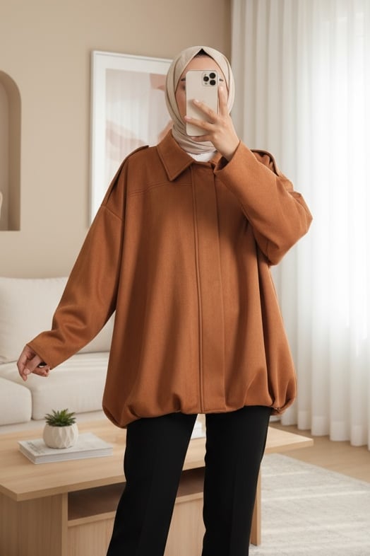 Omzu Apoletli Önü Fermuarlı Astarlı Süet Ceket -Taba