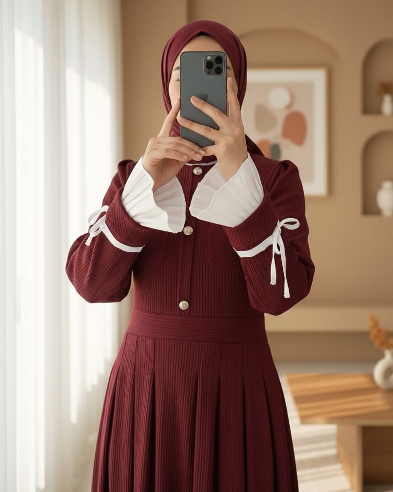 Omzu Vatkalı Kolu Bağcıklı Düğme Detaylı Cepli Pliseli Elbise -Bordo