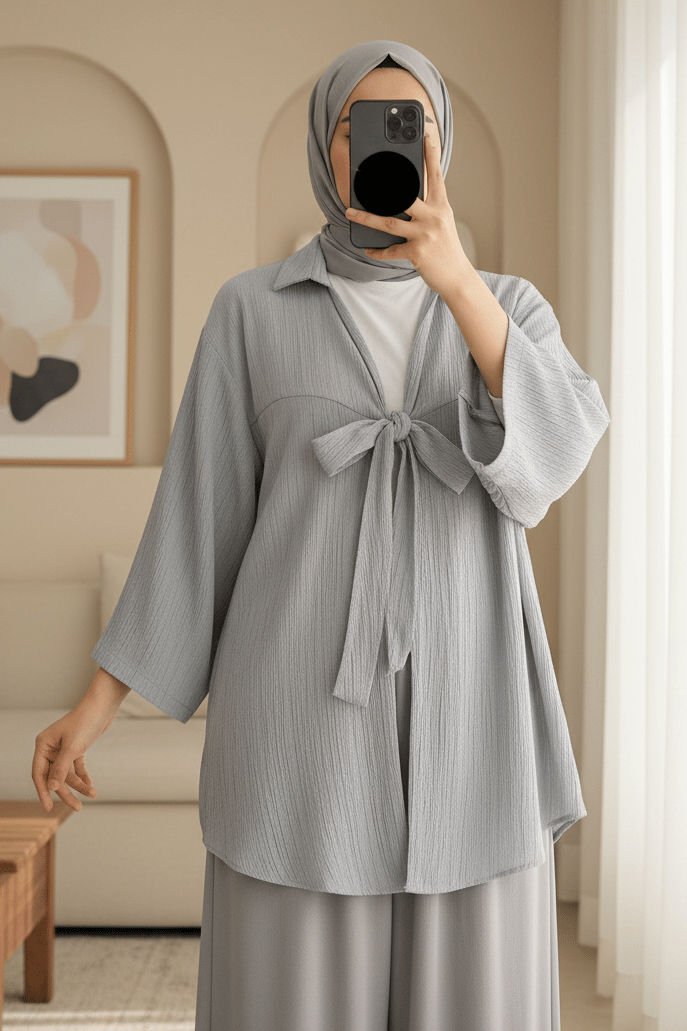 Önden Bağlamalı Krınkıl Kimono  -Gri