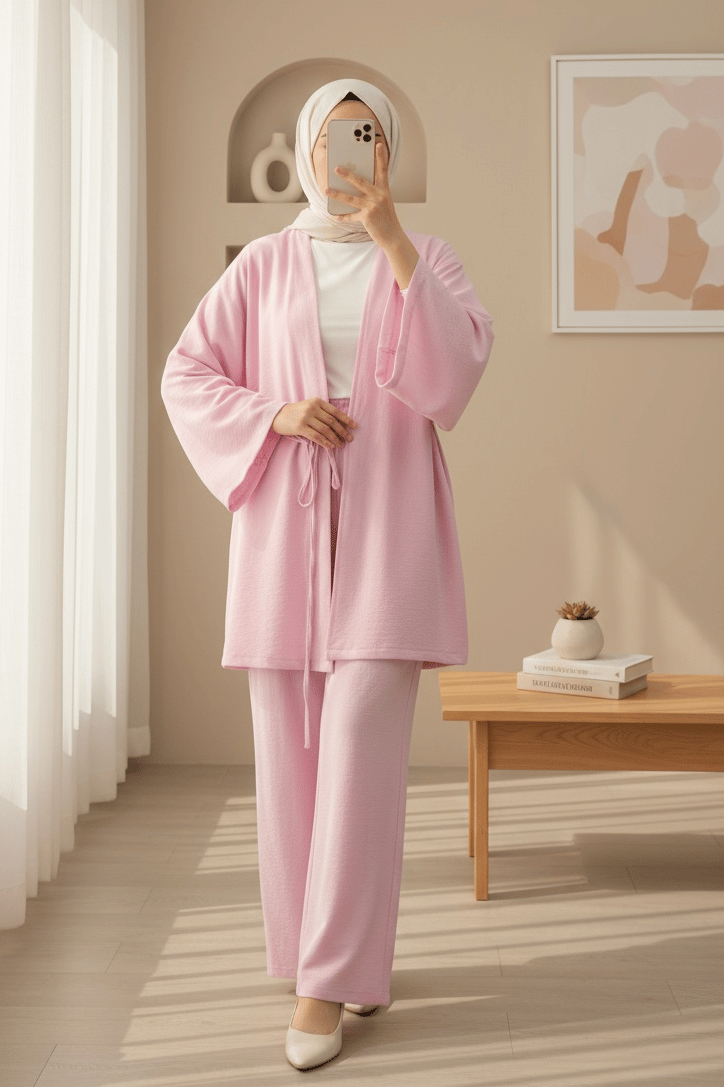 Önden Bağlamalı Pantolonlu Kimono Takım         -Pembe
