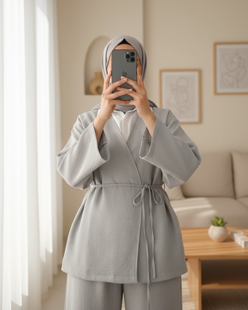Önden Bağlamalı Pantolonlu Kimono Takım         -Açık Gri