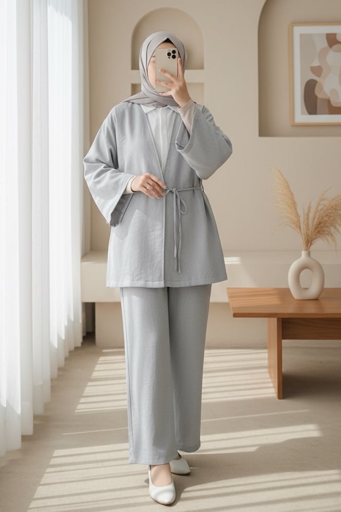 Önden Bağlamalı Pantolonlu Kimono Takım         -Açık Gri