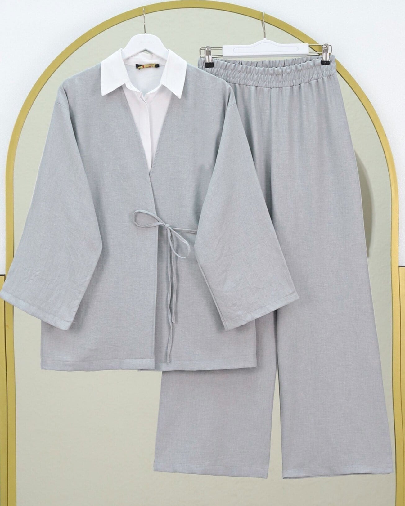 Önden Bağlamalı Pantolonlu Kimono Takım         -Açık Gri