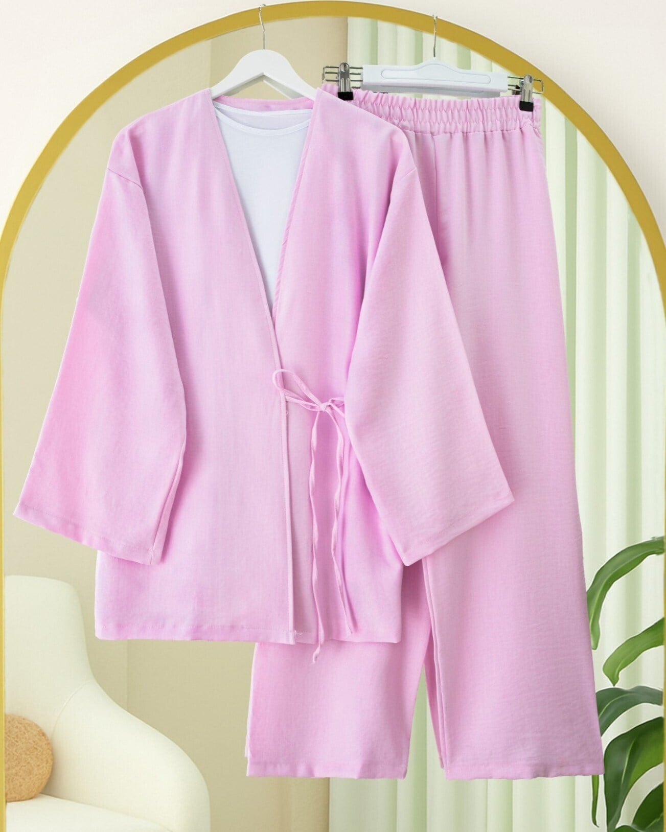Önden Bağlamalı Pantolonlu Kimono Takım         -Pembe