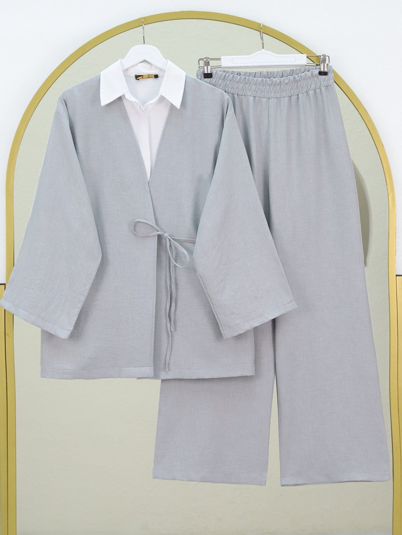 Önden Bağlamalı Pantolonlu Kimono Takım   -Gri