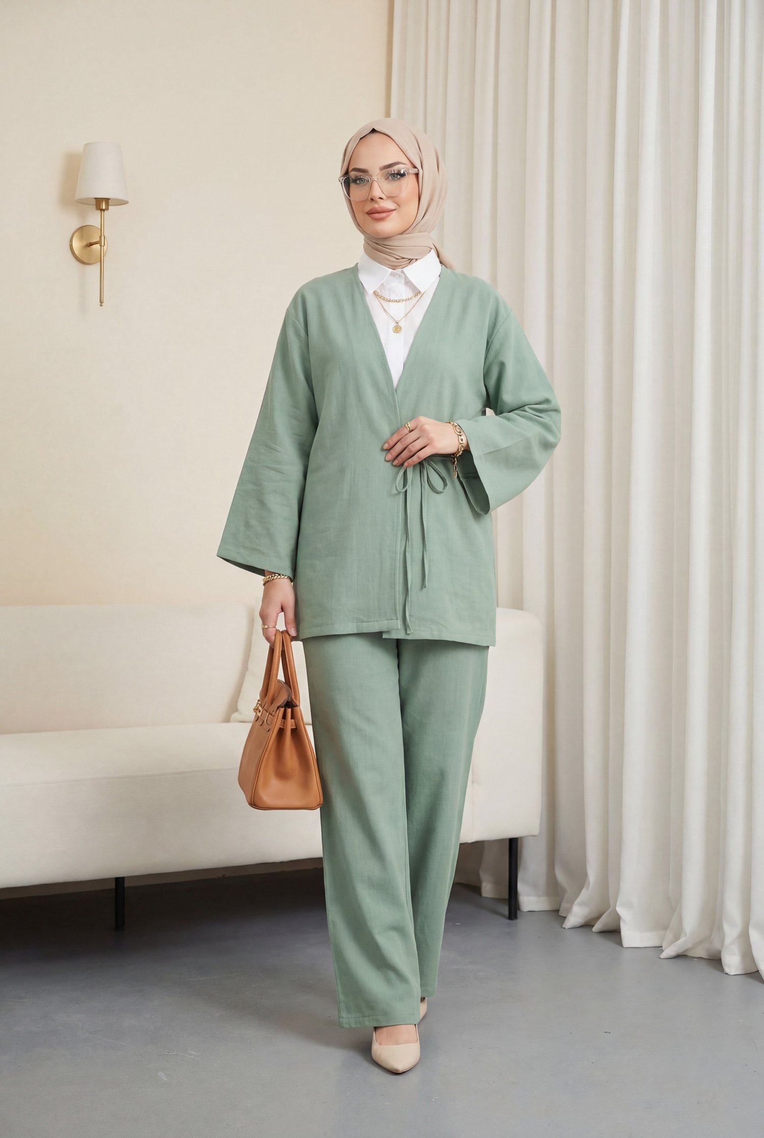 Önden Bağlamalı Pantolonlu Kimono Takım       -Su Yeşili