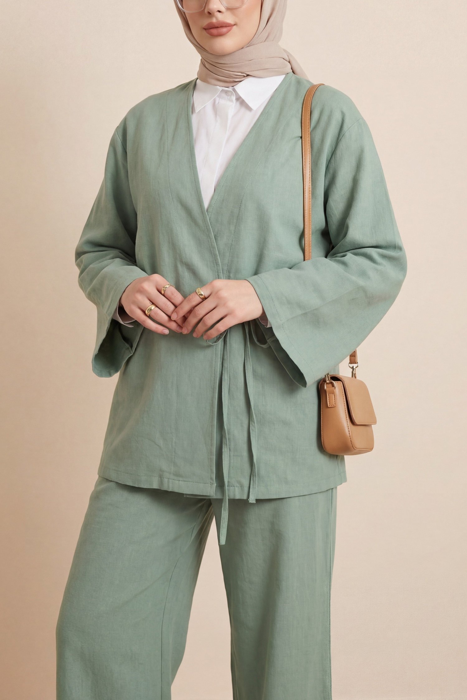Önden Bağlamalı Pantolonlu Kimono Takım       -Su Yeşili