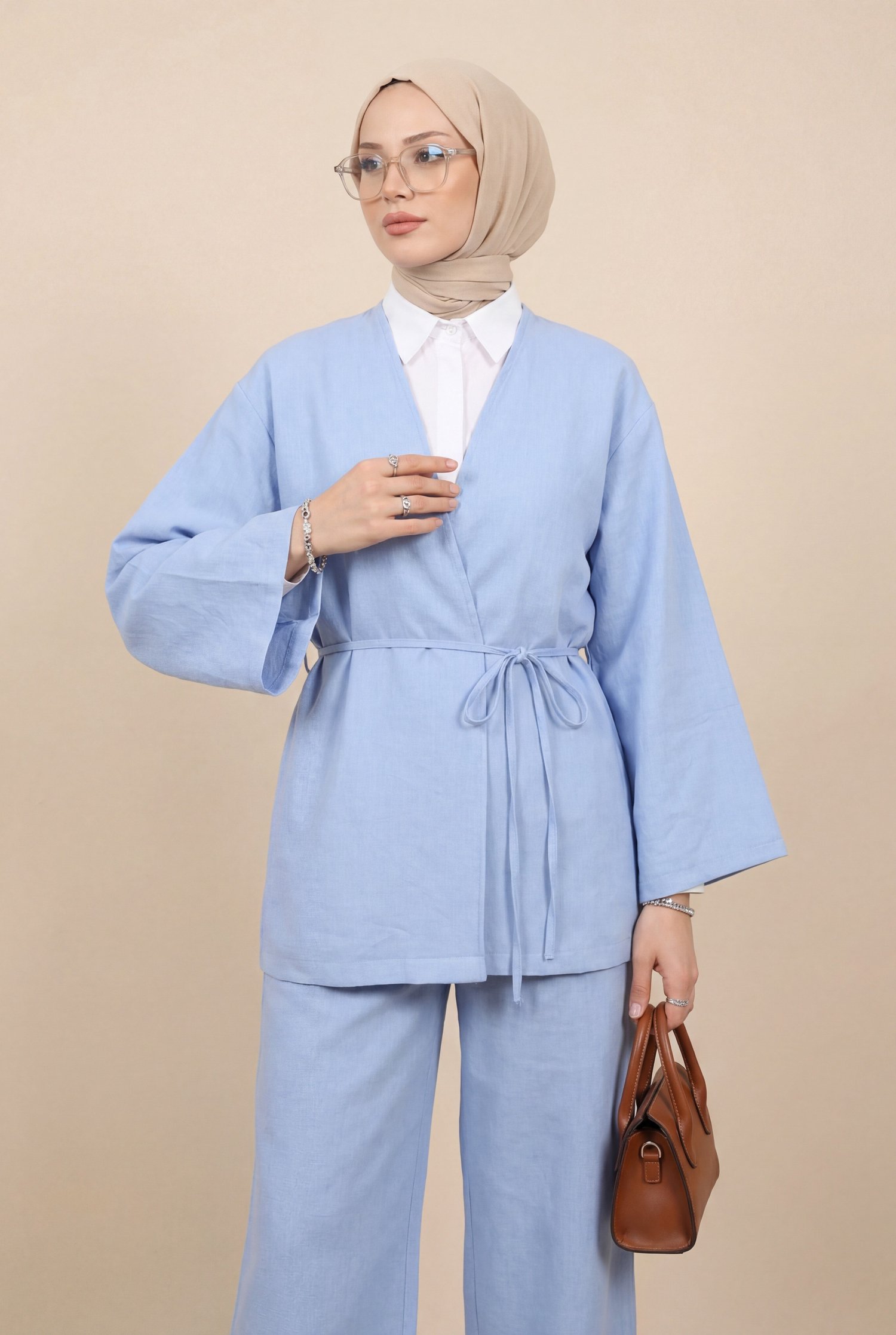 Önden Bağlamalı Pantolonlu Kimono Takım   -Bebe Mavi