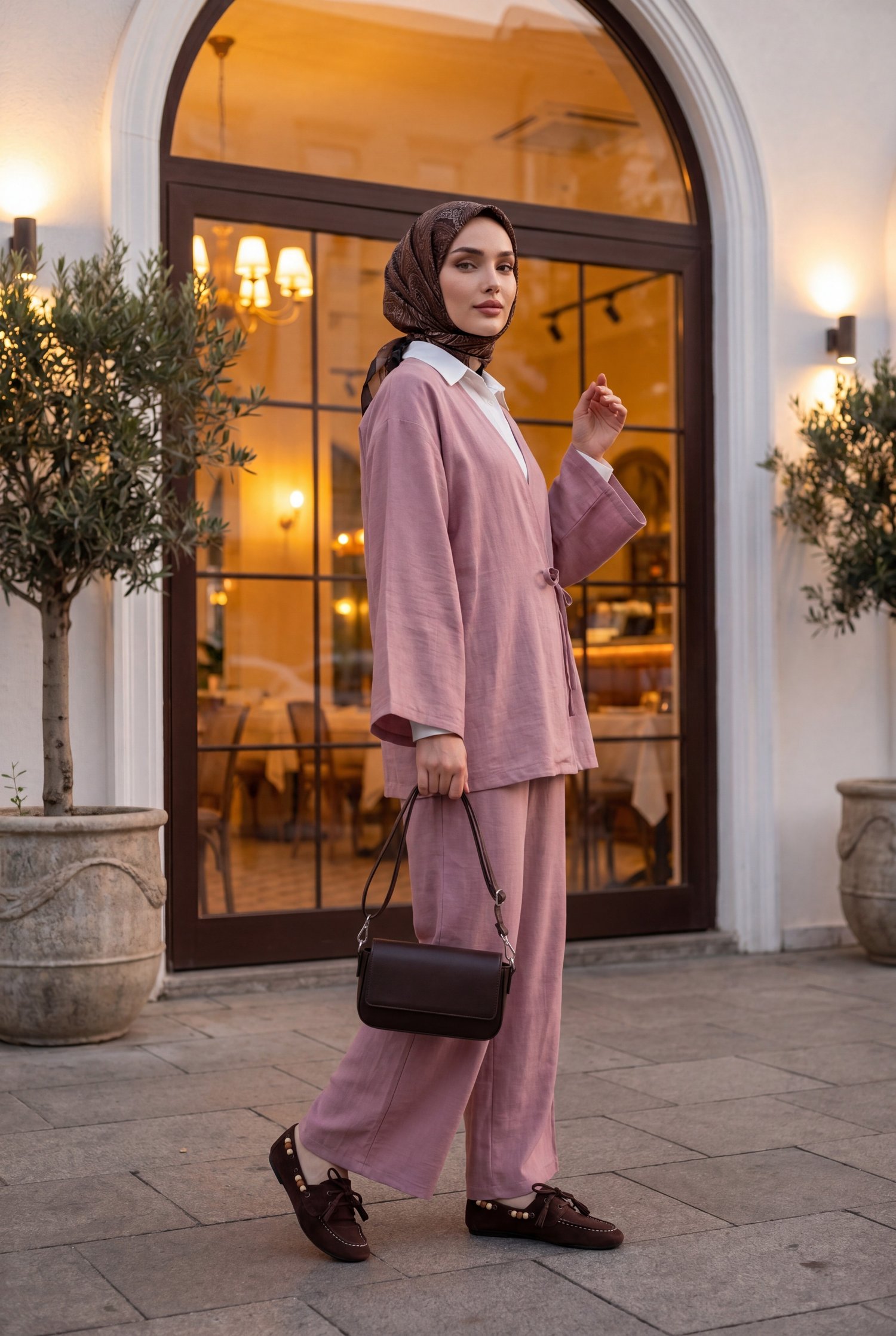 Önden Bağlamalı Pantolonlu Kimono Takım      -Pudra