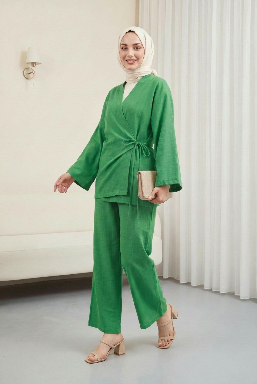 Önden Bağlamalı Pantolonlu Kimono Takım          -Yeşil