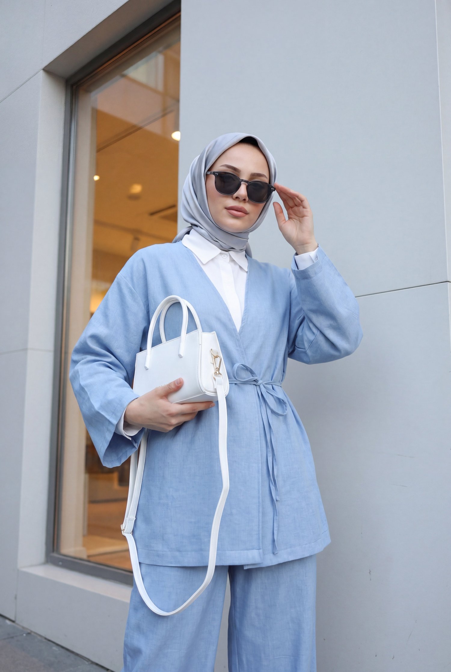 Önden Bağlamalı Pantolonlu Kimono Takım        -Mavi