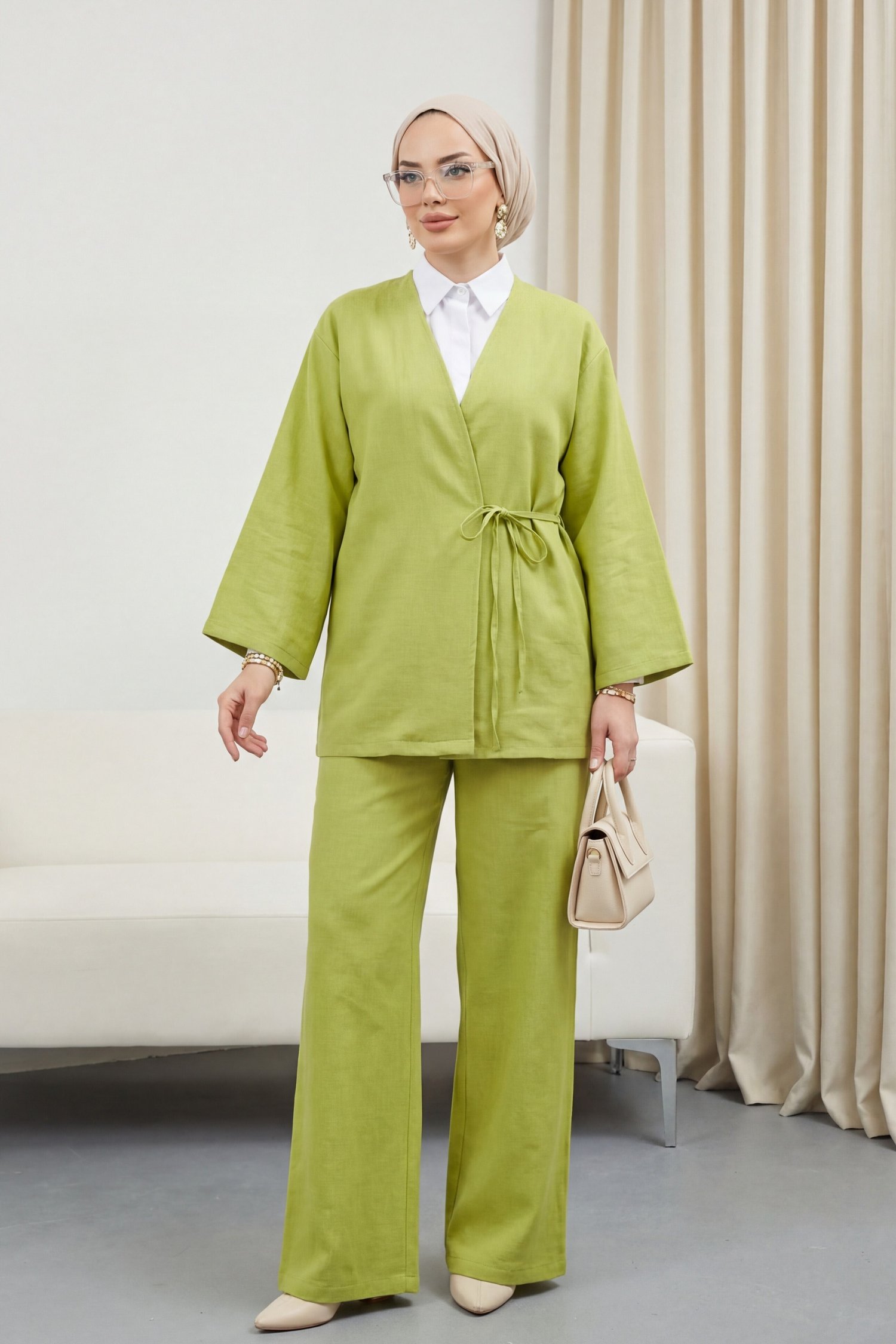 Önden Bağlamalı Pantolonlu Kimono Takım -Yağ Yeşili