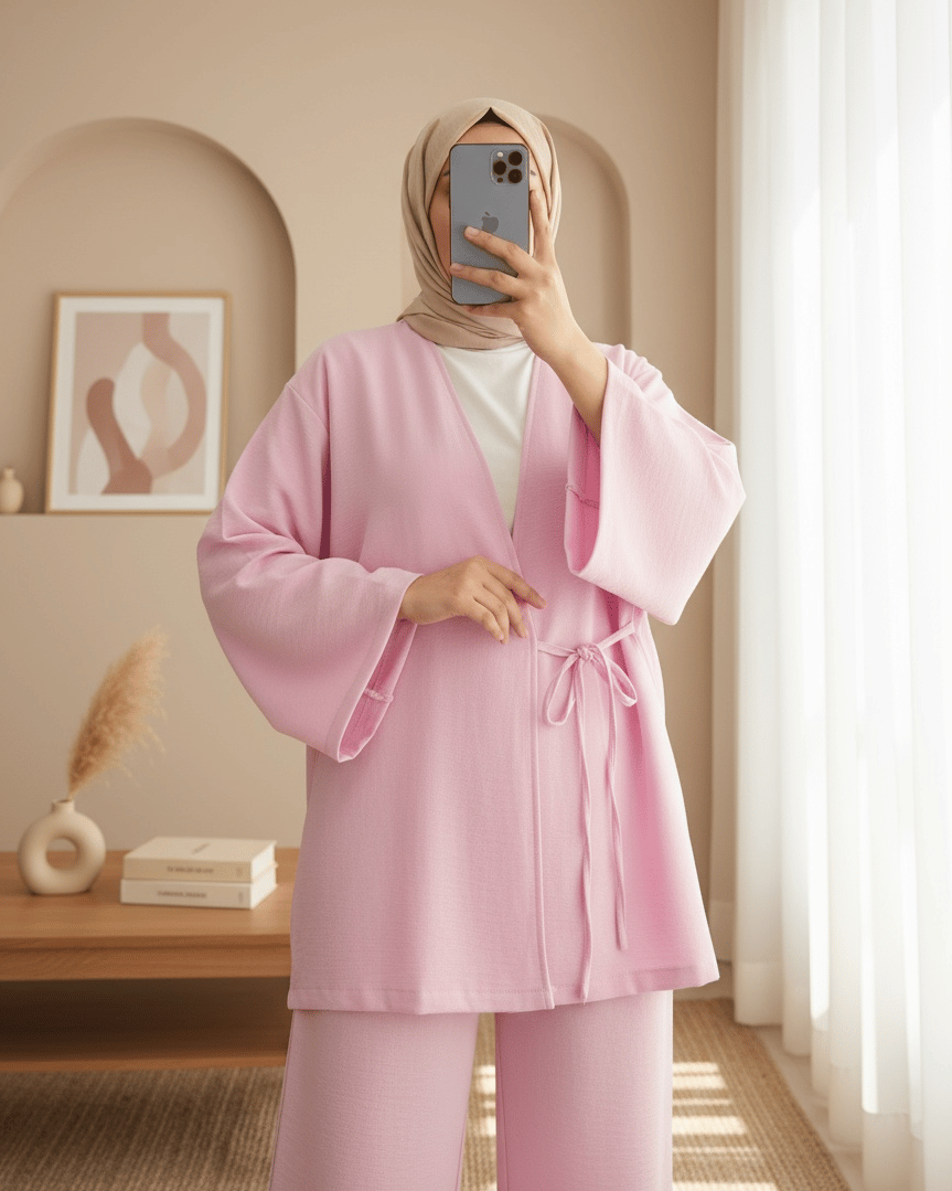 Önden Bağlamalı Pantolonlu Kimono Takım         -Pembe