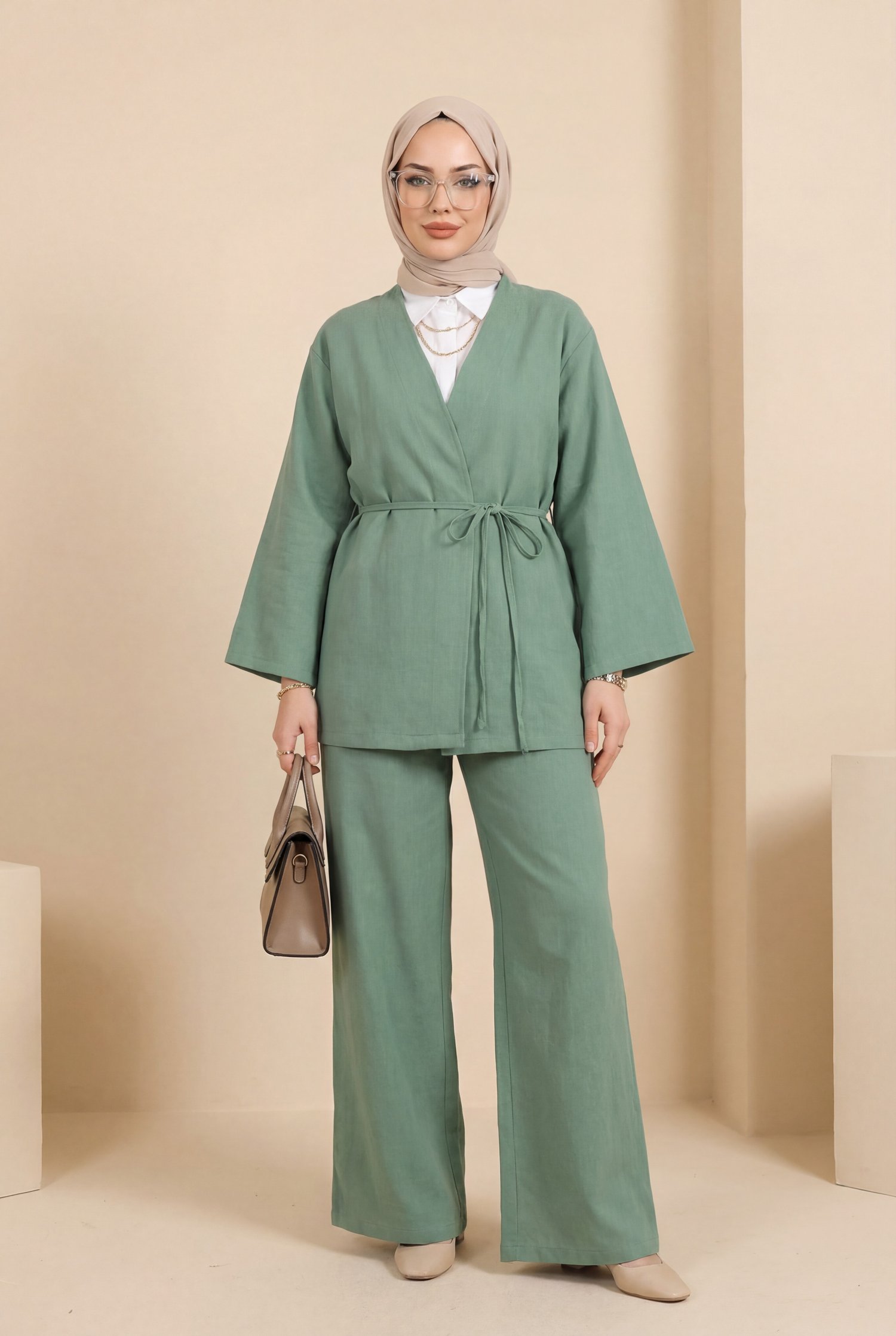 Önden Bağlamalı Pantolonlu Kimono Takım    -Mint