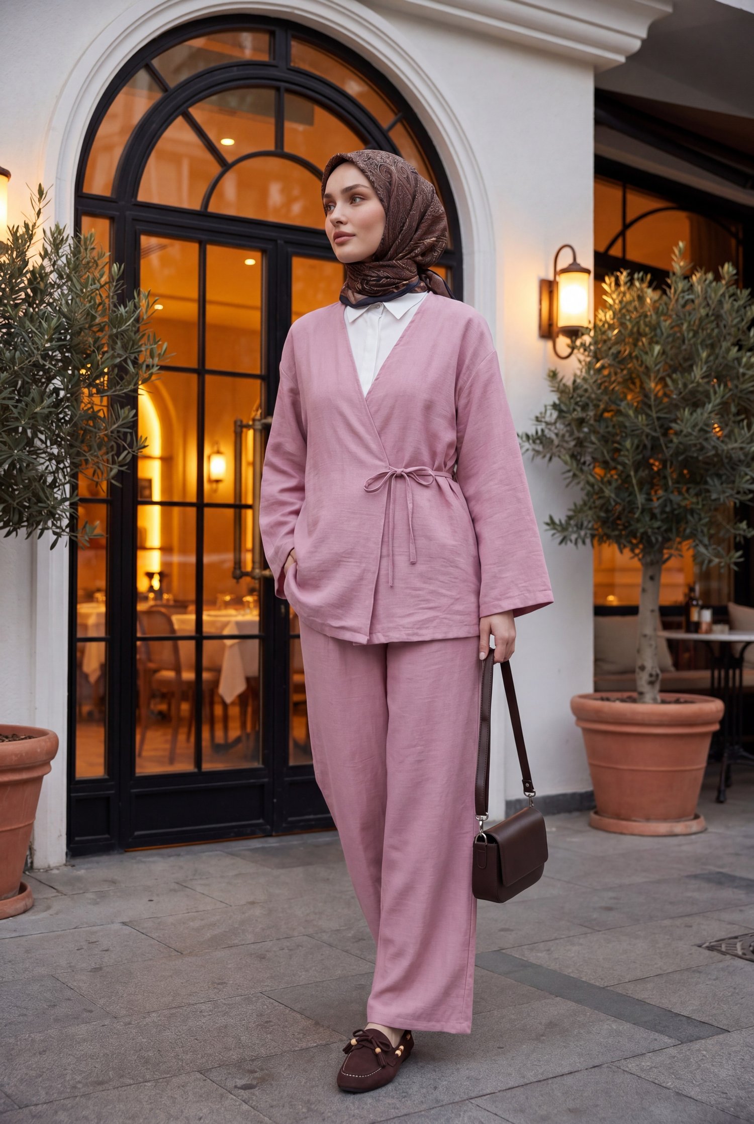 Önden Bağlamalı Pantolonlu Kimono Takım      -Pudra