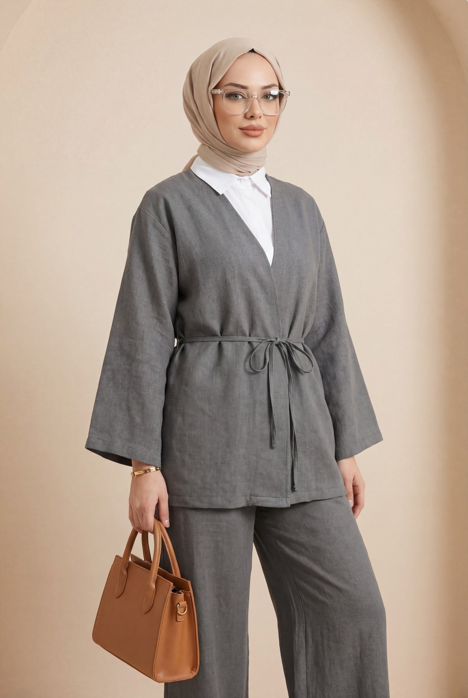 Önden Bağlamalı Pantolonlu Kimono Takım         -Antrasit