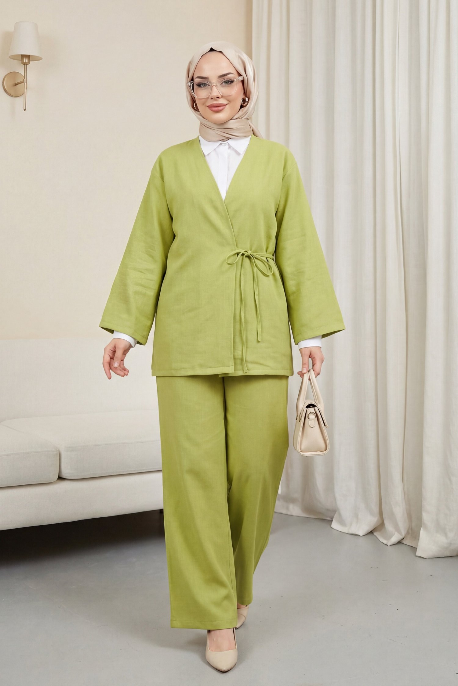 Önden Bağlamalı Pantolonlu Kimono Takım -Yağ Yeşili