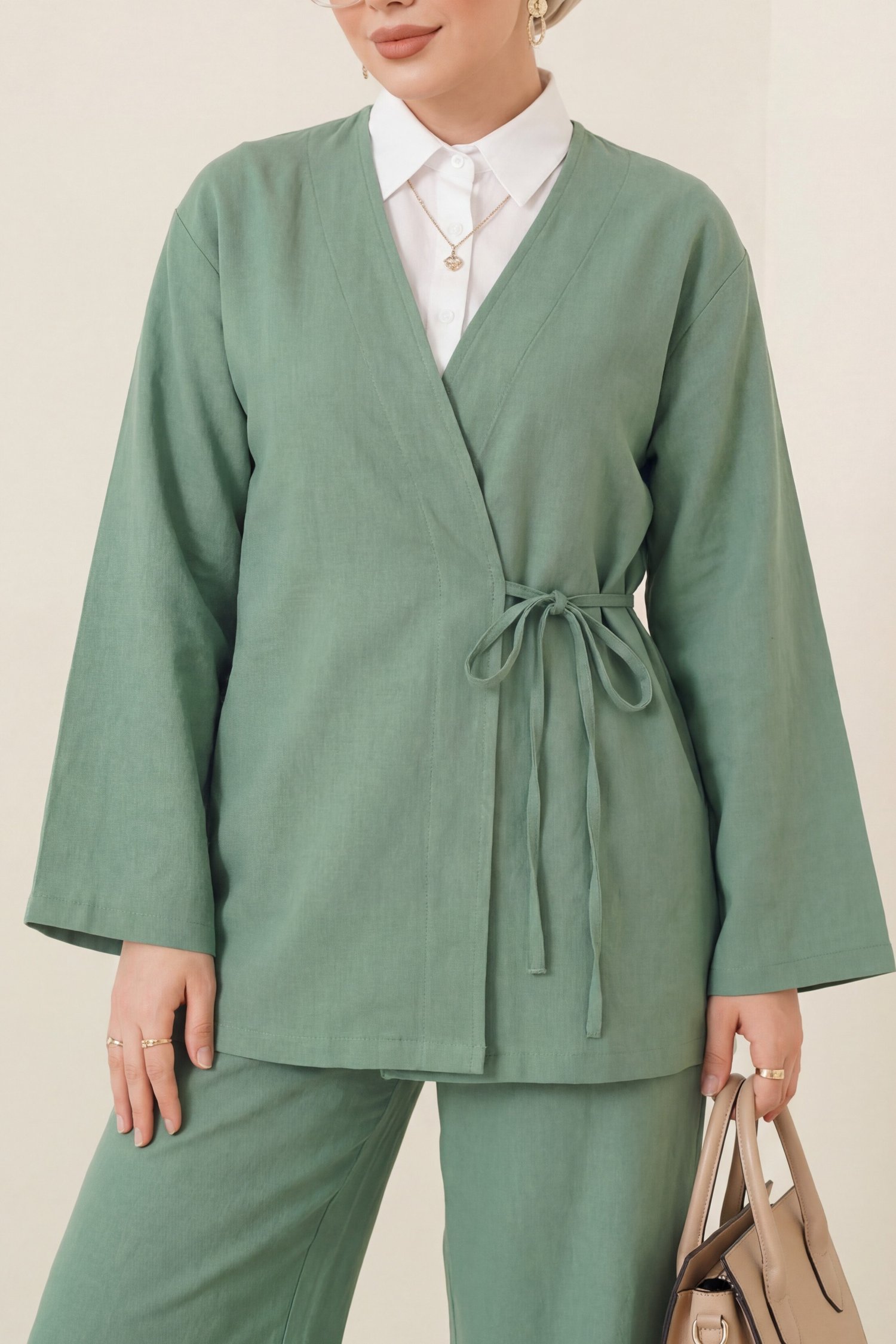 Önden Bağlamalı Pantolonlu Kimono Takım    -Mint