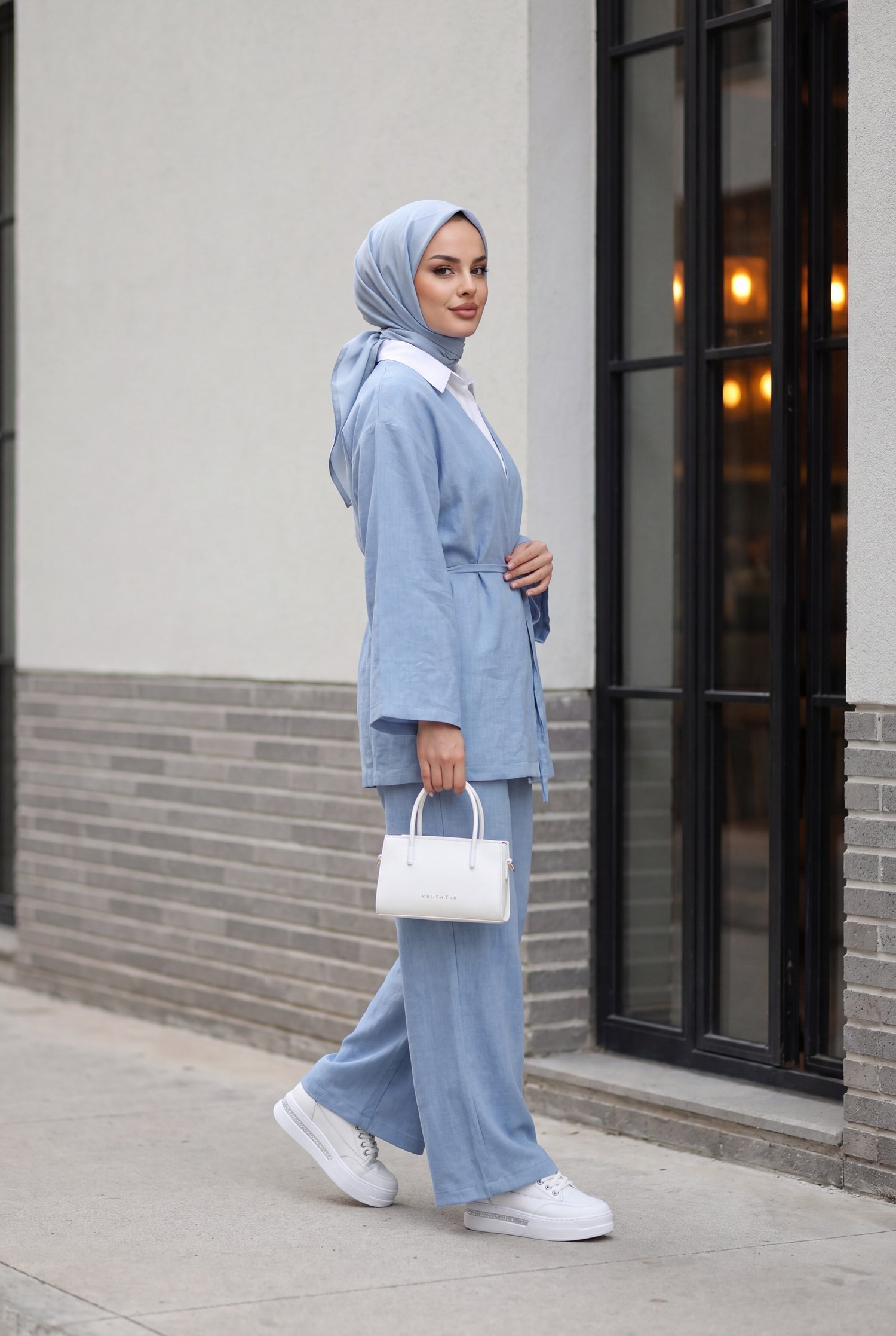 Önden Bağlamalı Pantolonlu Kimono Takım        -Mavi