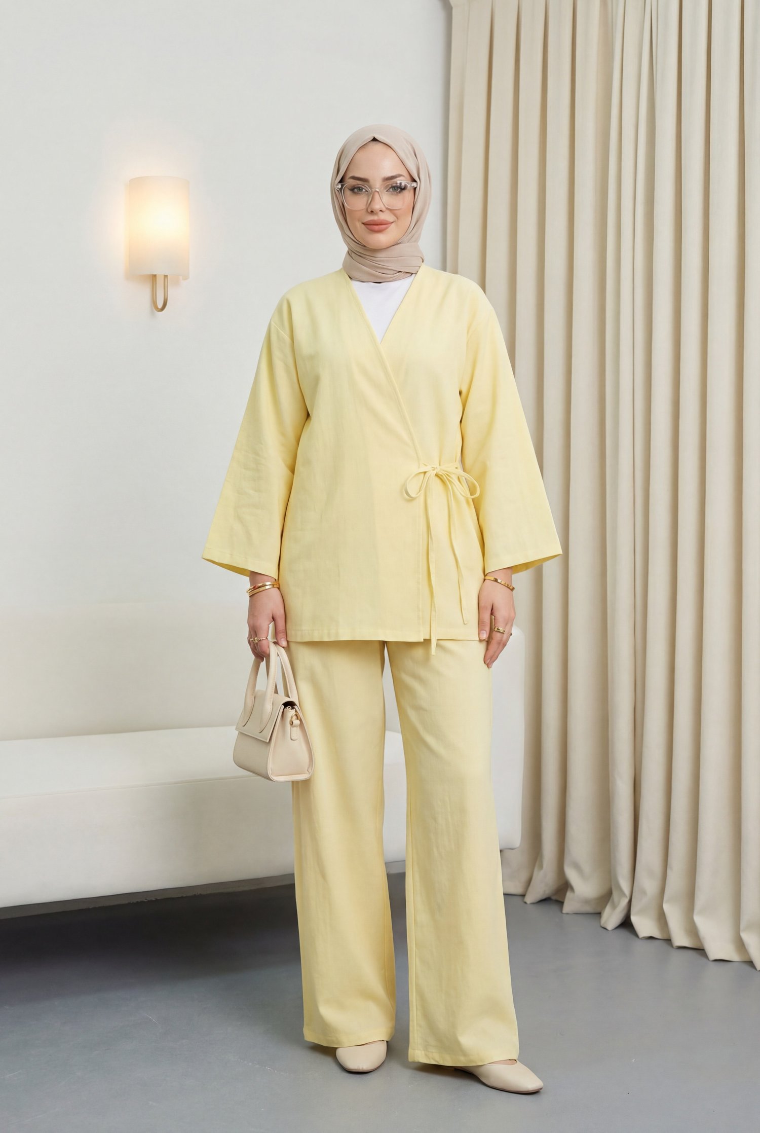 Önden Bağlamalı Pantolonlu Kimono Takım         -Açık Sarı