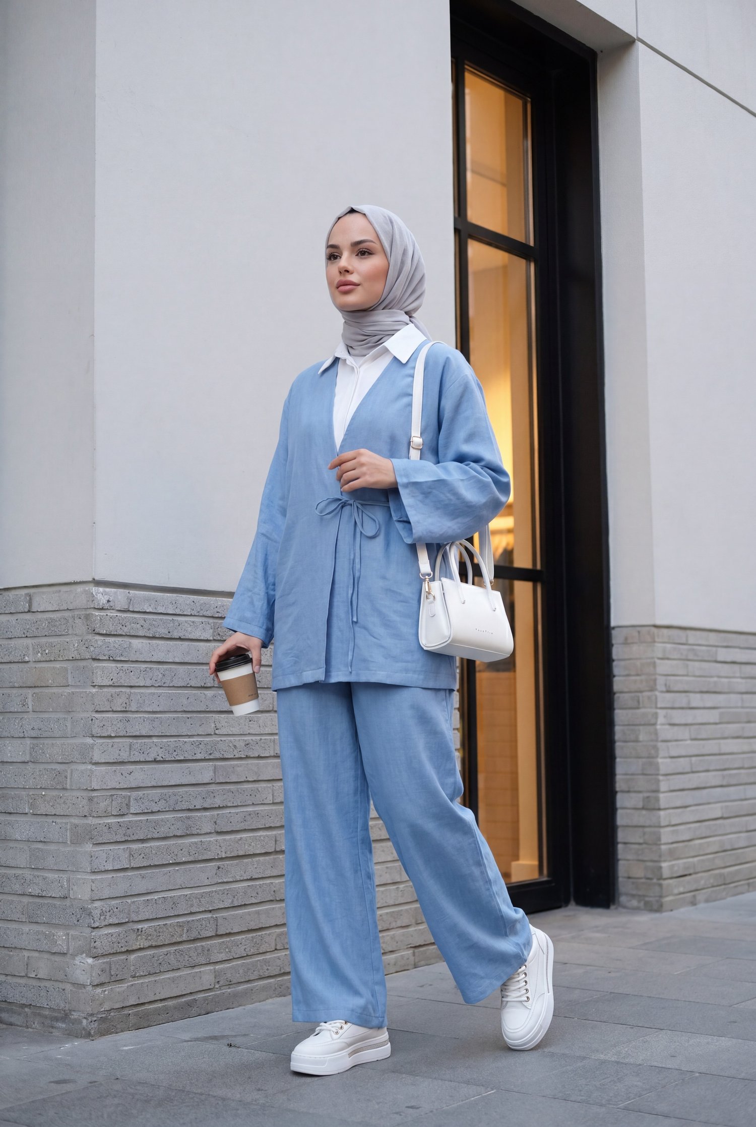 Önden Bağlamalı Pantolonlu Kimono Takım        -Mavi