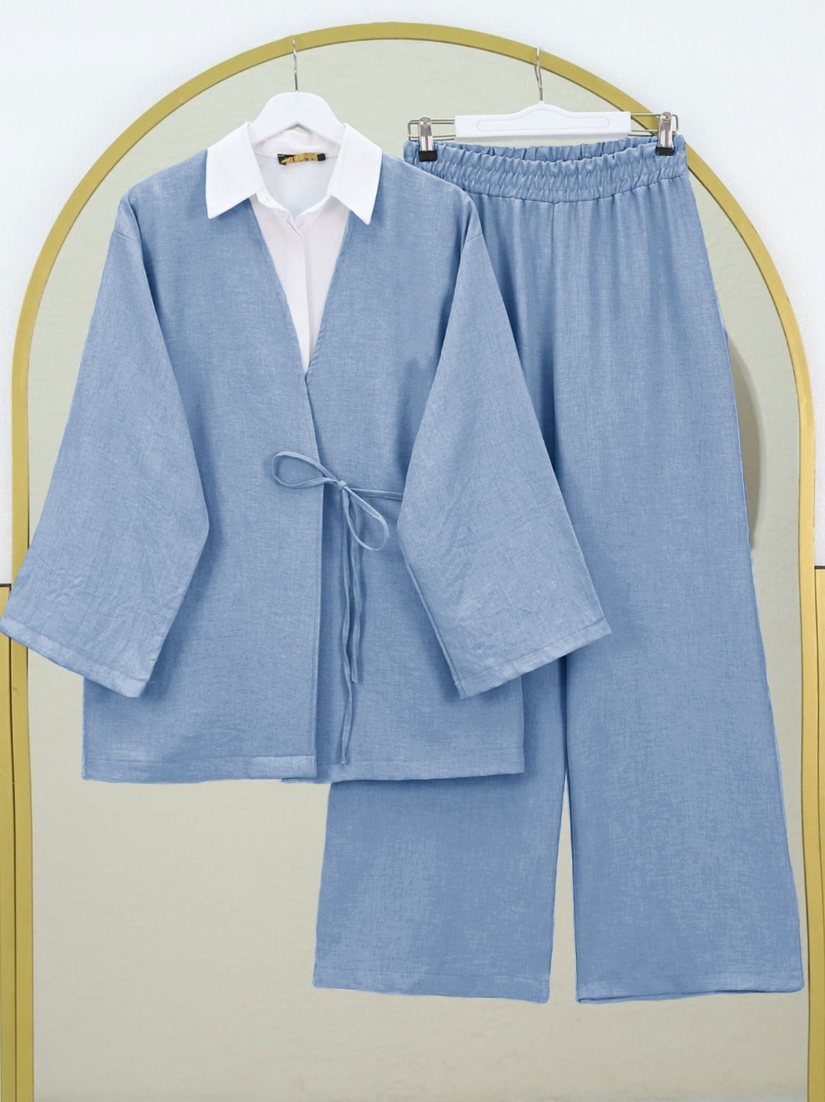Önden Bağlamalı Pantolonlu Kimono Takım        -Mavi