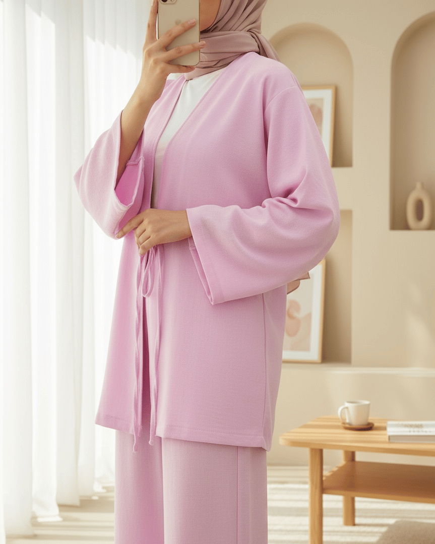 Önden Bağlamalı Pantolonlu Kimono Takım         -Pembe