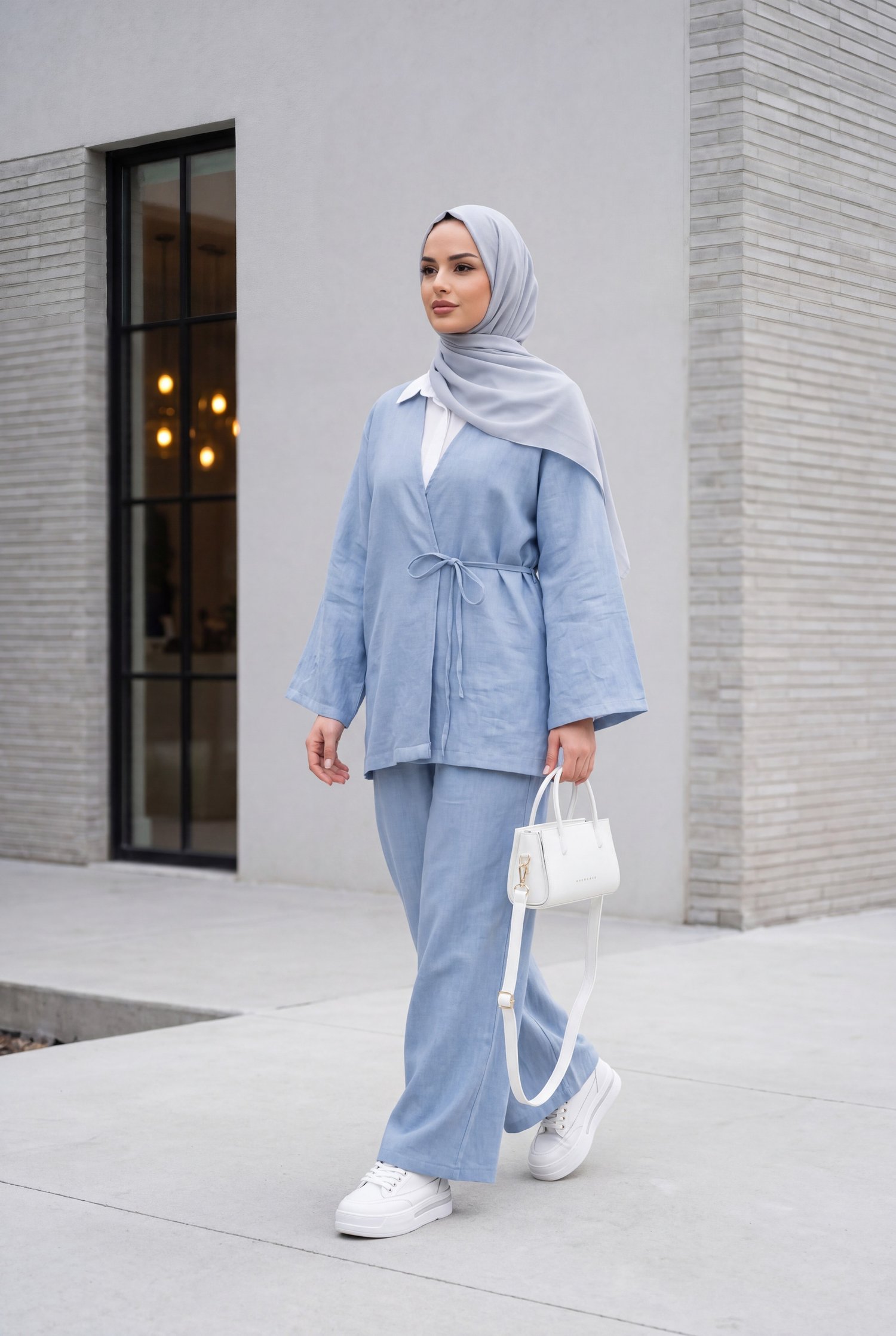 Önden Bağlamalı Pantolonlu Kimono Takım        -Mavi