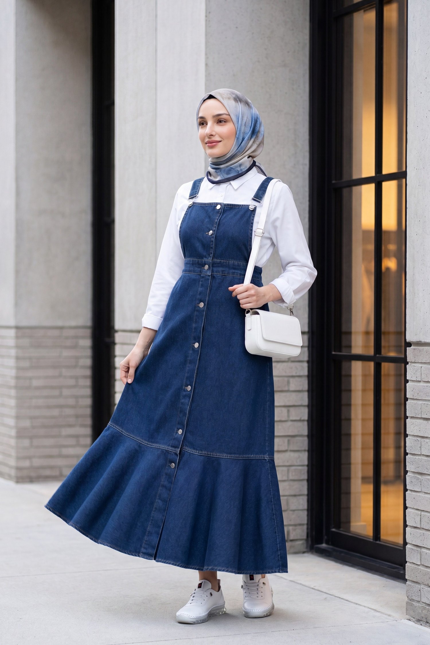 Önden Düğmeli Yan Cepli Eteği Fırfırlı Kot Jile  -Lacivert