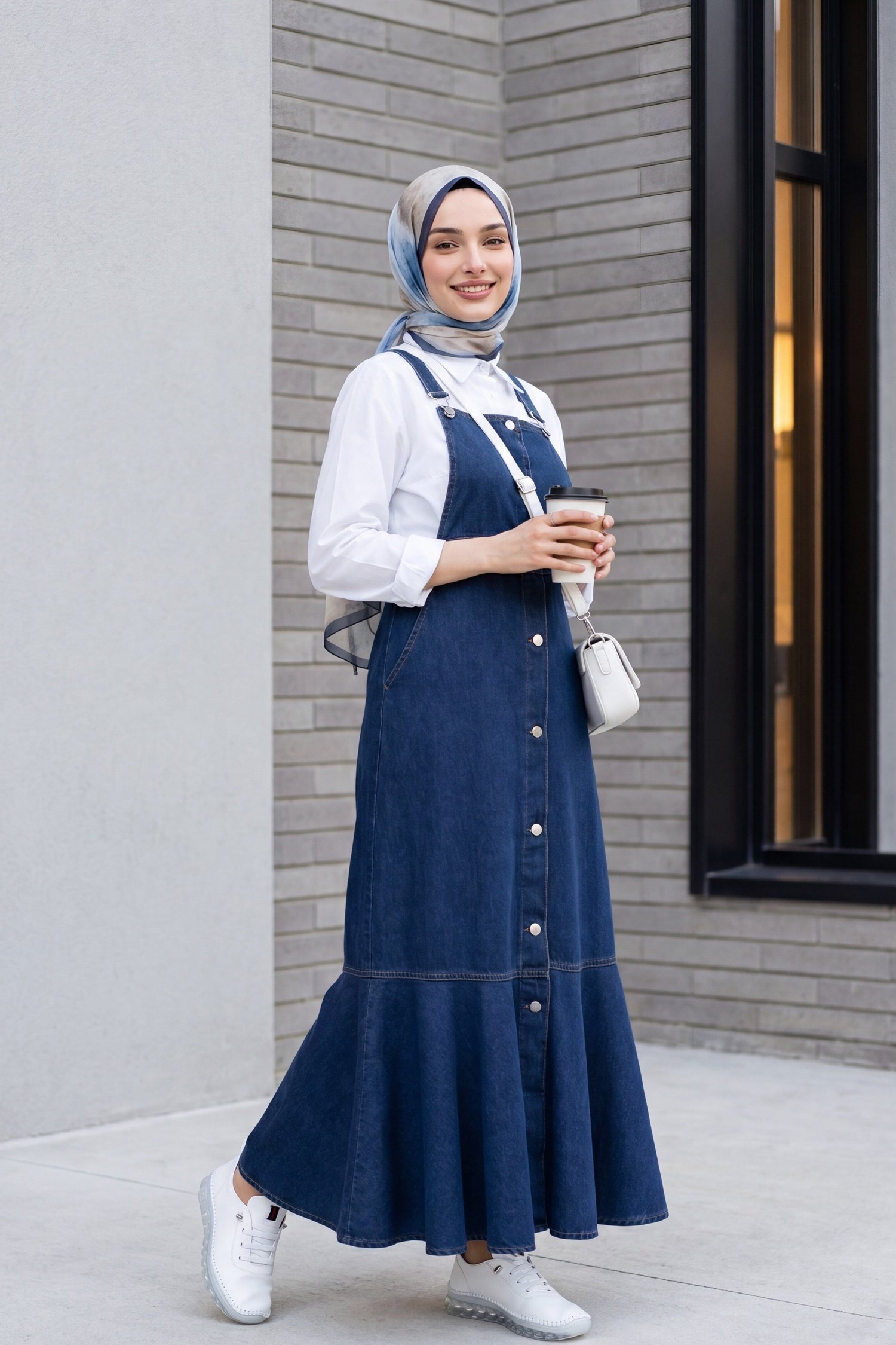 Önden Düğmeli Yan Cepli Eteği Fırfırlı Kot Jile  -Lacivert