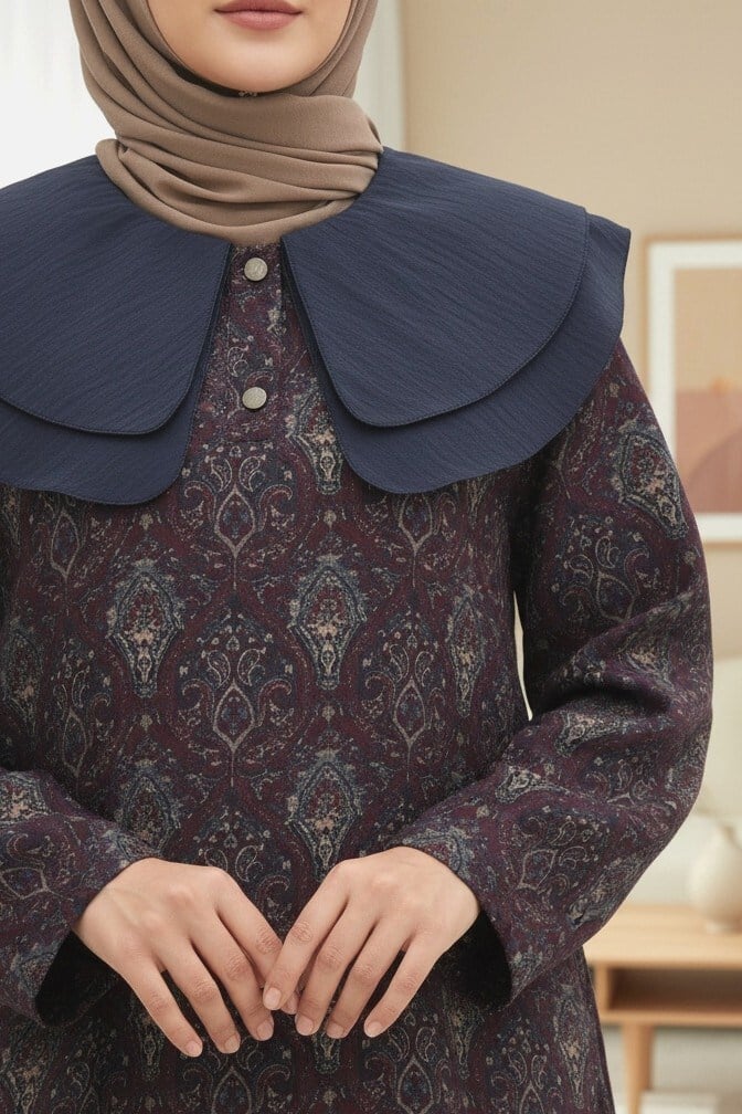 Önlük Yaka Yarım Düğmeli Yırtmaçlı Kapitone Tunik  -Mürdüm