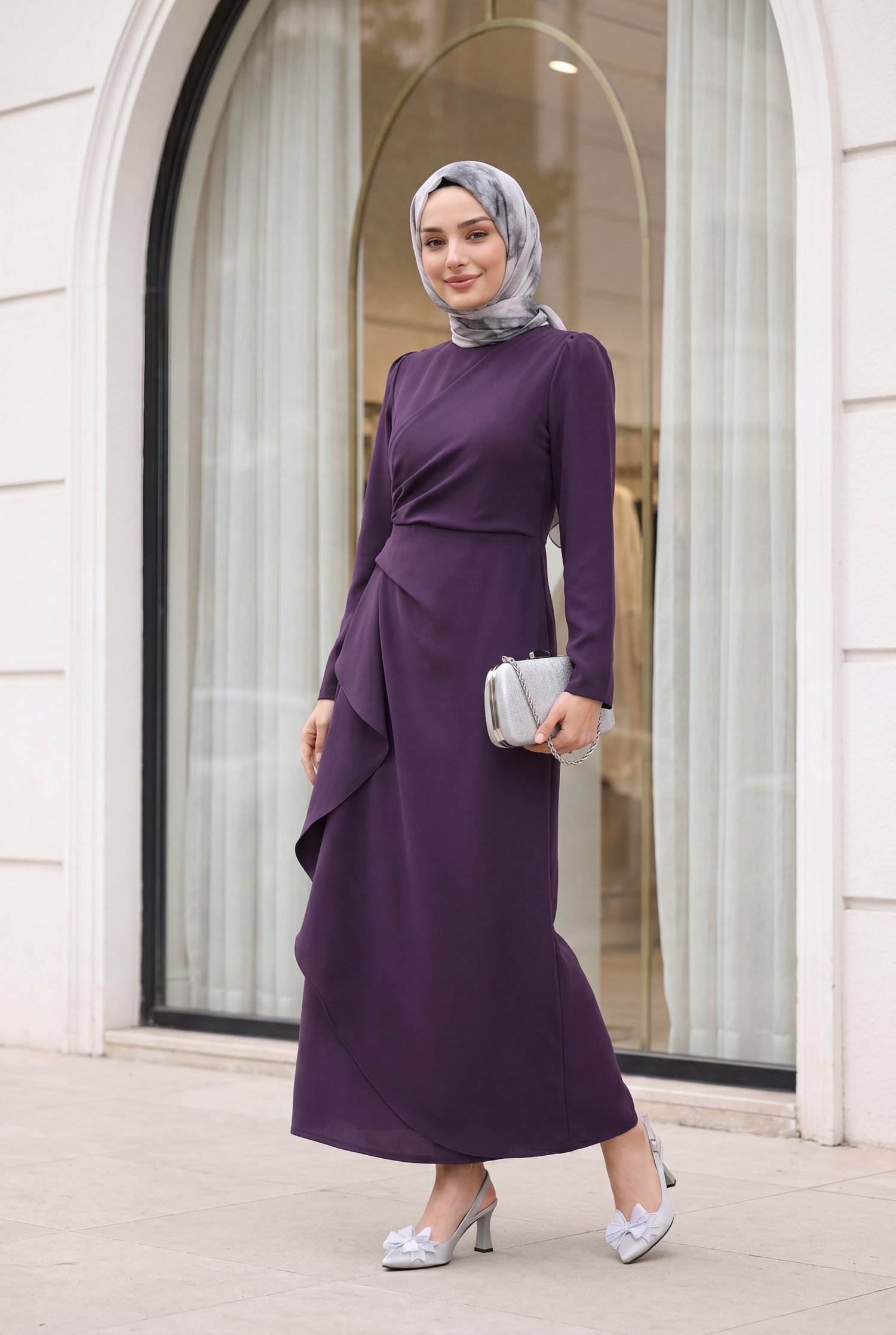 Önü Allerli Eteği Asimetrik Krep Elbise    -Mor