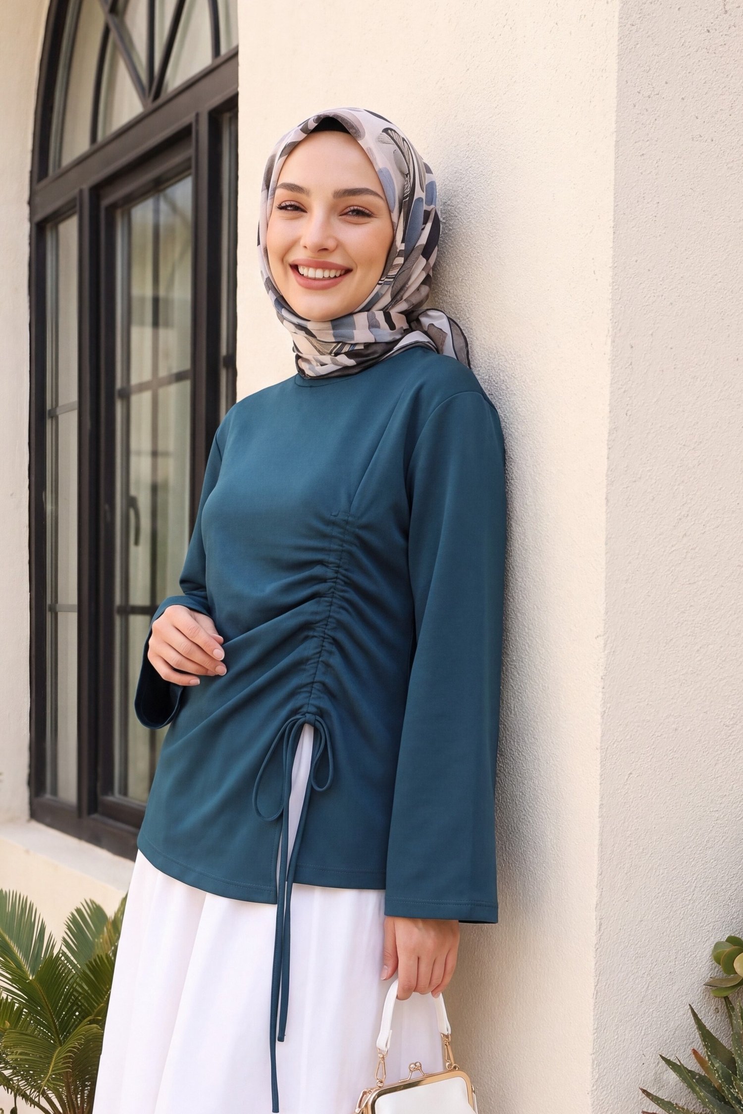 Önü Asimetrik Kesim Bağcık Detaylı Penye Sweat -Petrol