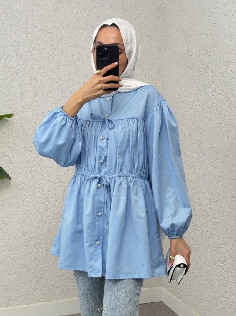 Önü Bağcık Detaylı Boydan Düğmeli Gömlek Tunik -Bebe Mavi